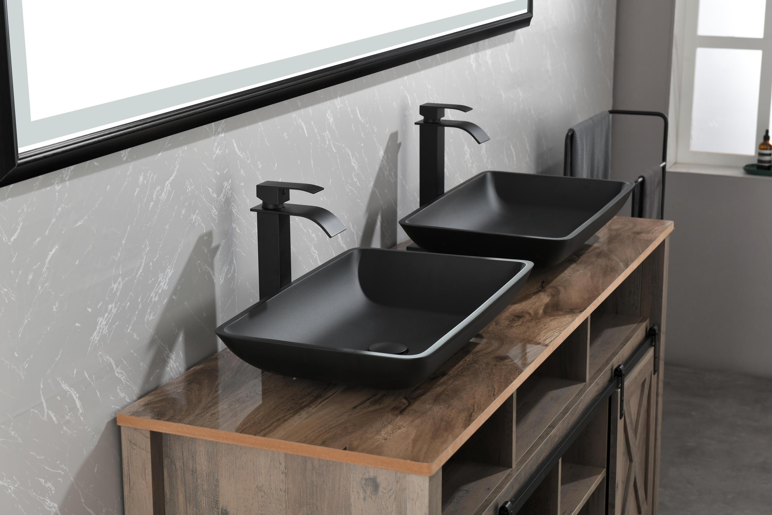 14.38" L -22.25" W -4-3/8 in. H Matte Shell  Glass Rectangular Vessel Bathroom Sink in Black with  Faucet and Pop-Up Drain in Matte Black