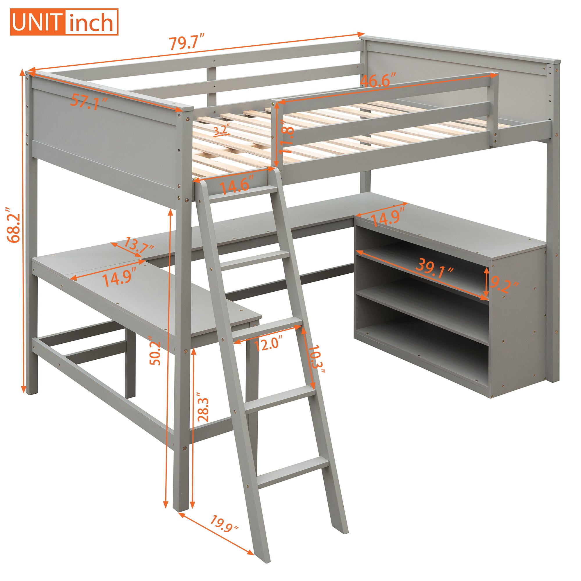 Full size Loft Bed with Shelves and Desk, Wooden Loft Bed with Desk - Gray