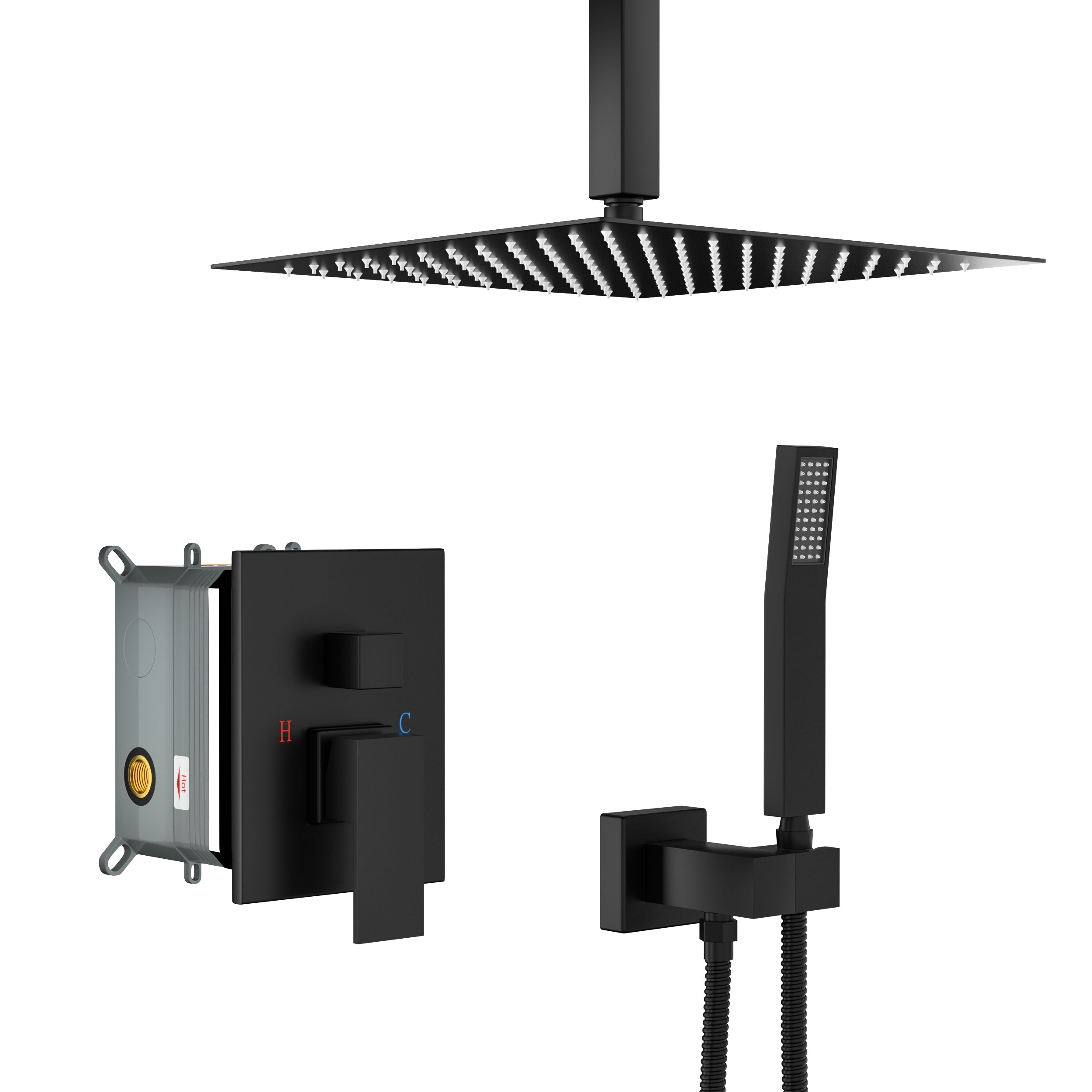 Dual Shower Head - 16 Inch Ceiling Mount Square Shower System with Rough-in Valve, Matte black