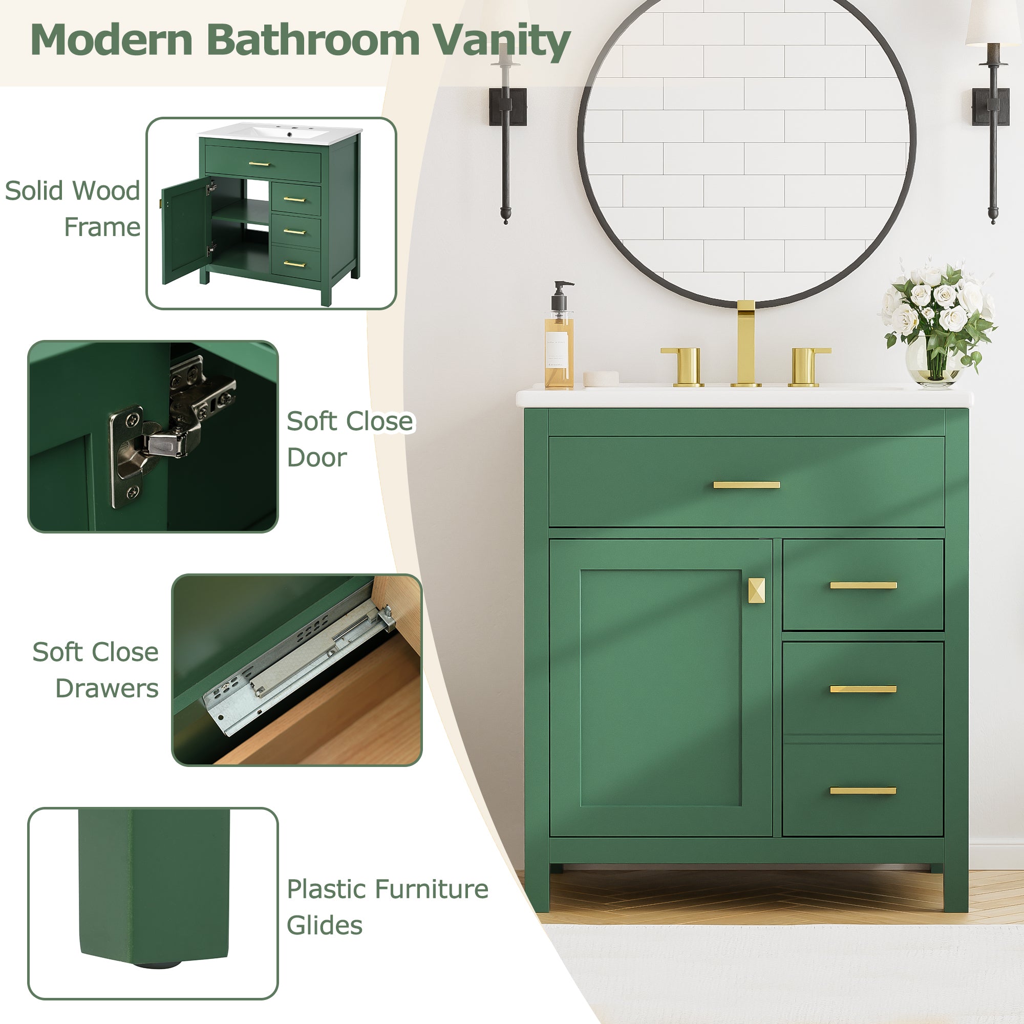 30-Inch Green Bathroom Vanity with Ceramic Sink and Ample Storage - Ideal Choice for Small Bathrooms