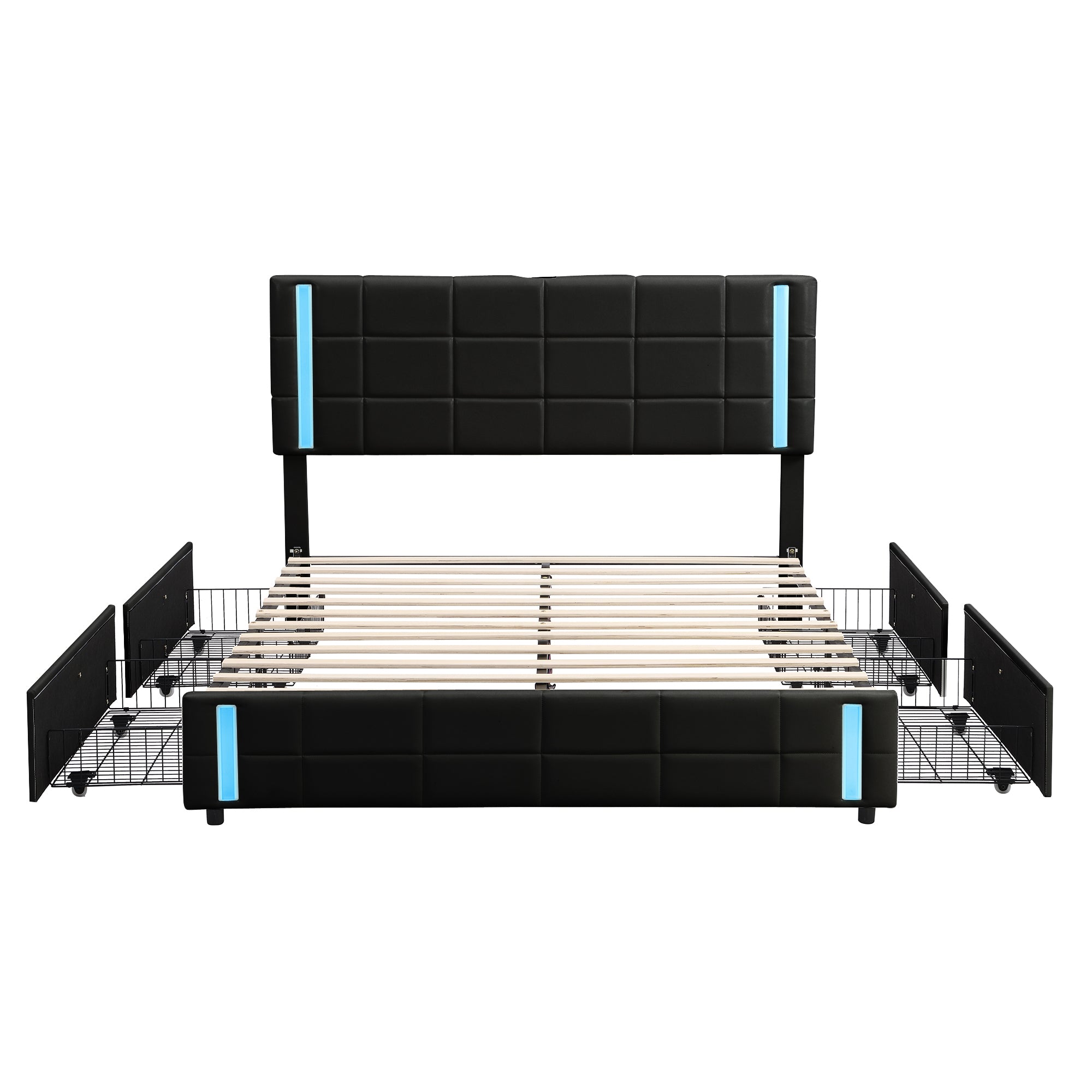 Queen Size Upholstered Platform Bed with LED Lights and USB Charging, Storage Bed with 4 Drawers, Black(Old SKU:WF302558AAB)