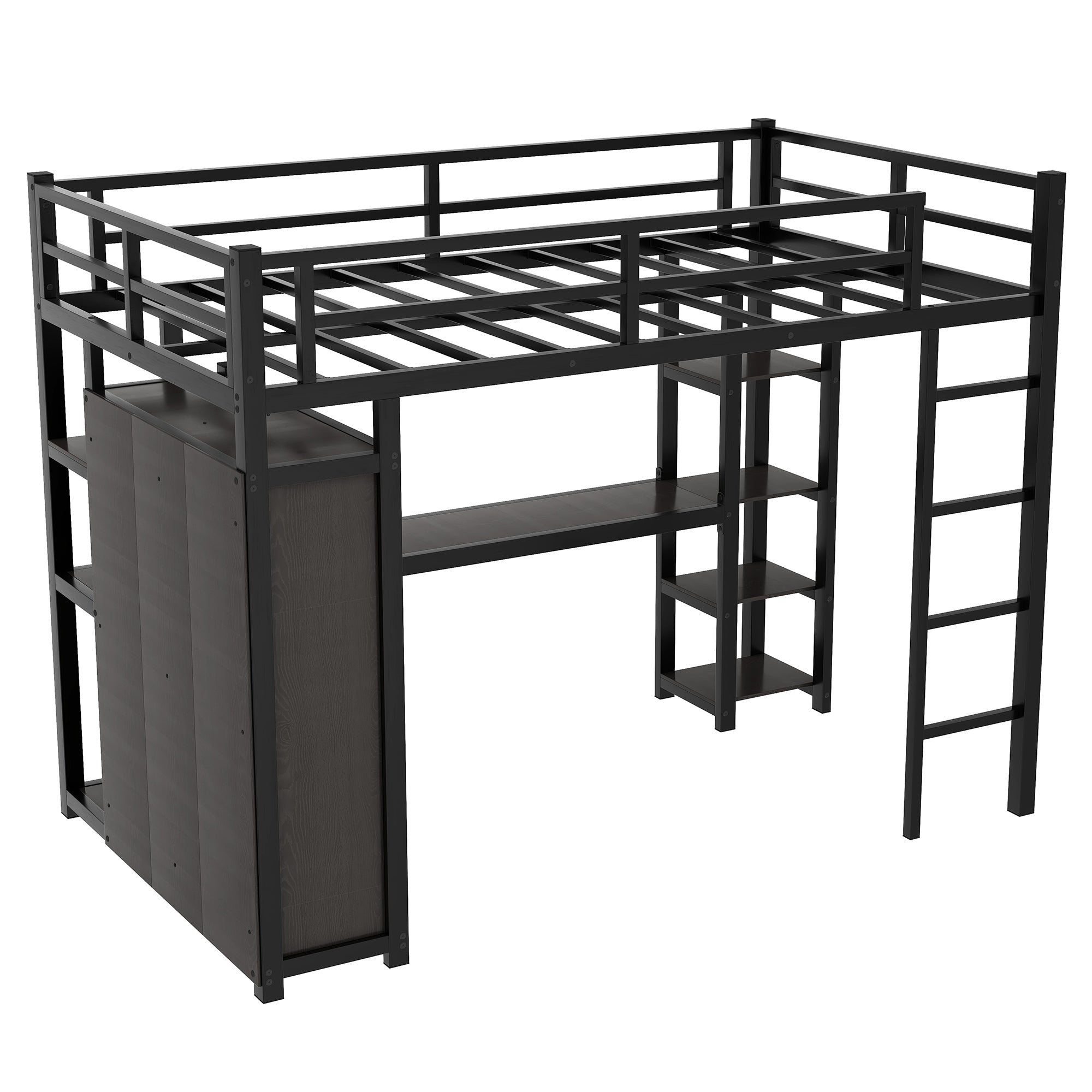 Metal Full Size Loft Bed with Desk,Shelves,Wardrobe, Black