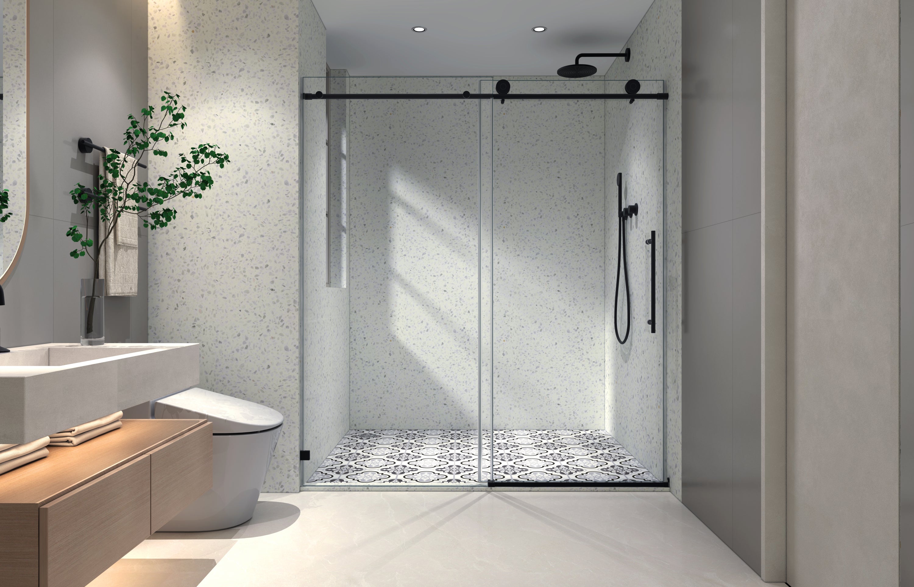 60"W x 76"H Brushed Nickel frameless one fixed and one shifted Shower Door, 70MM 304 stainless steel large pulleys with adjustable soft closing function,nano easy cleaning,stick explosion-proof menbrance