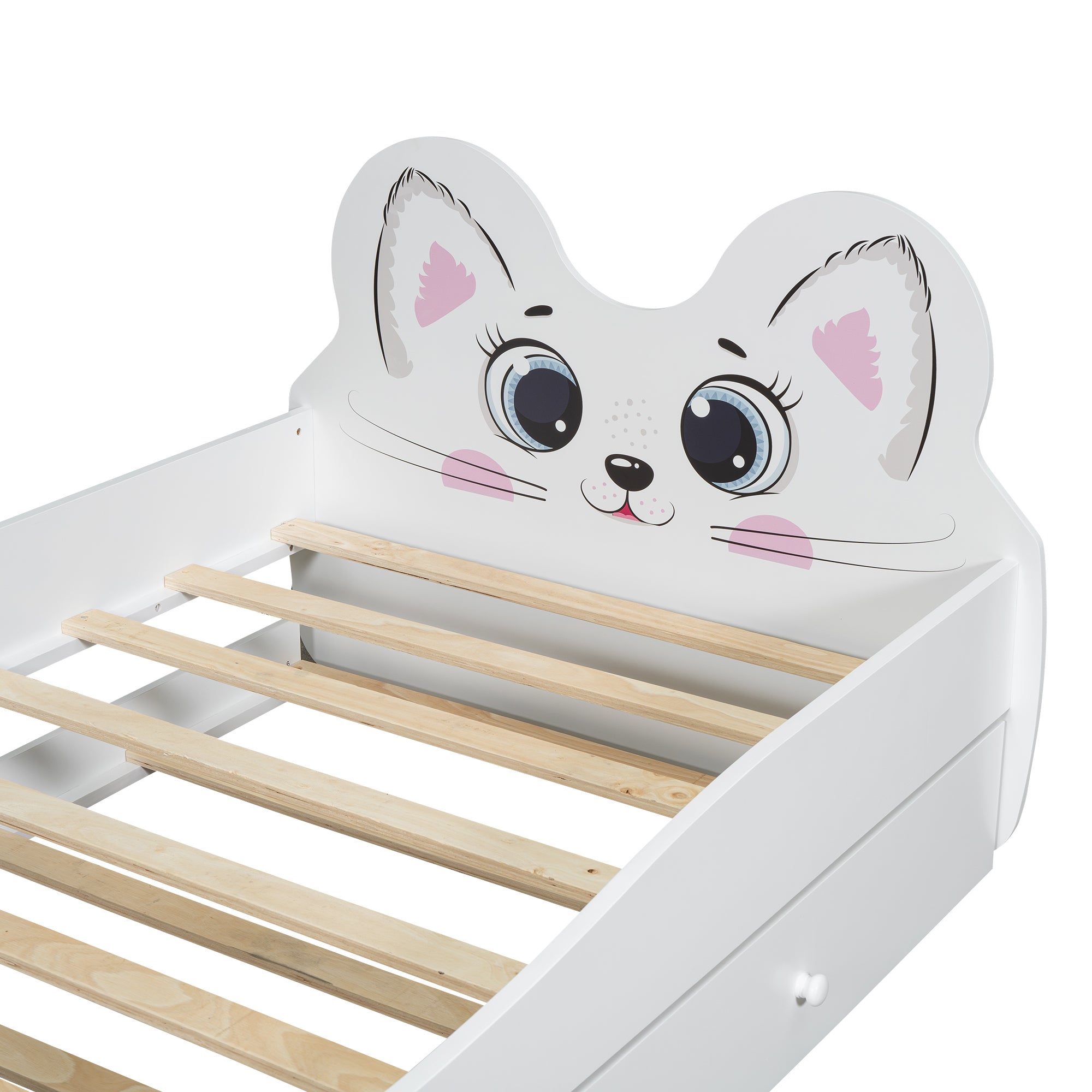 Cartoon Twin Size Platform Bed with Trundle, White