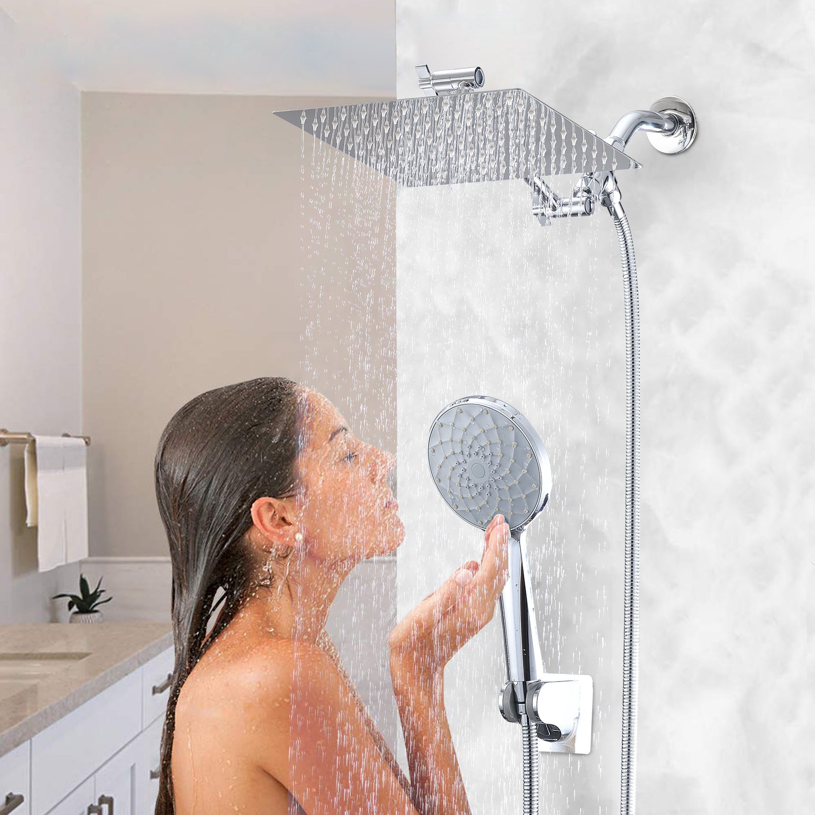 Chrome Shower Head, 10 Inch High Pressure Rainfall Shower Head/Handheld Shower Combo with 11 Inch Extension Arm, 6 Settings Adjustable Anti-leak Shower Head with Holder/Hose, Height/Angle Adjustable