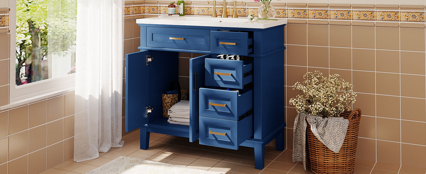 36-inch Bathroom Vanity with Resin Sink, Modern Bathroom Cabinet in Blue, Featuring Two Soft Close Doors and Four Drawers