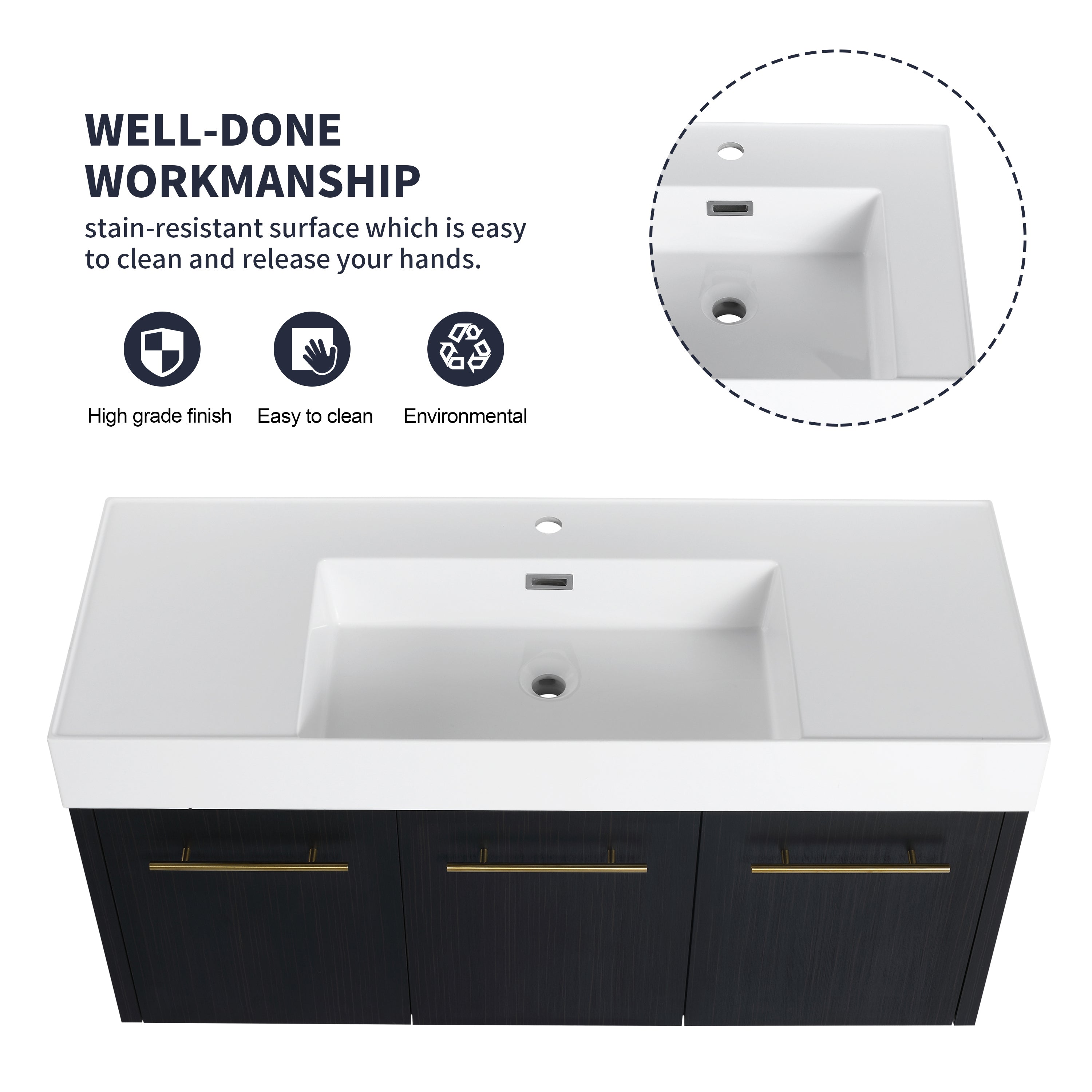 48 Inch Wall-Mounted Bathroom Vanity with Sink, Thick Edged Resin Basin, KD-Package