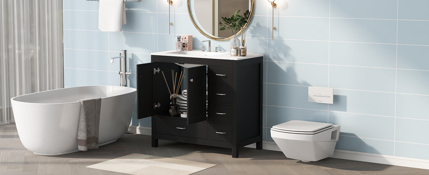 36" Black Bathroom Vanity with Ceramic Sink Combo, Abundant Storage Cabinet -2 Soft close doors and 5 drawers