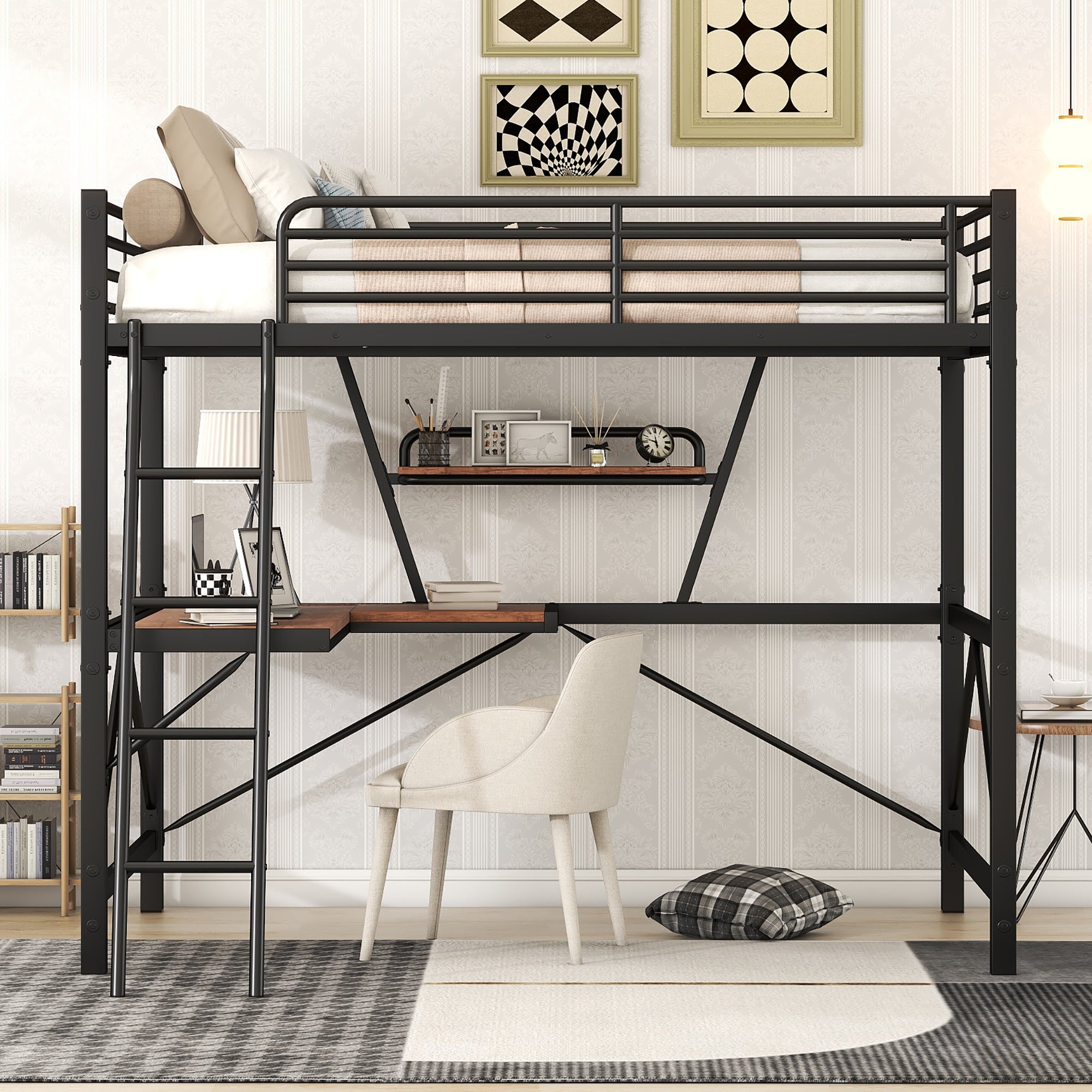 Full Size Loft Metal&MDF Bed with Desk and Shelf, Black