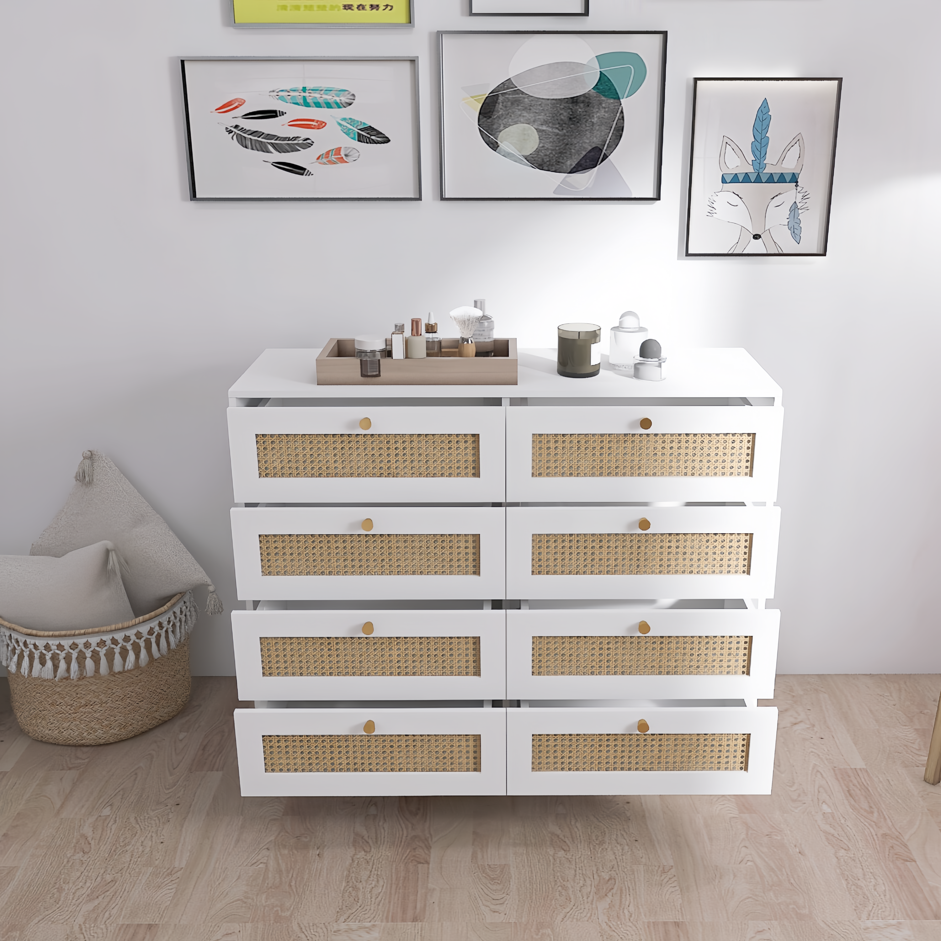 White Color 8 Drawers Chest of Drawers with Rattan Drawer Face Golden Legs and Handles