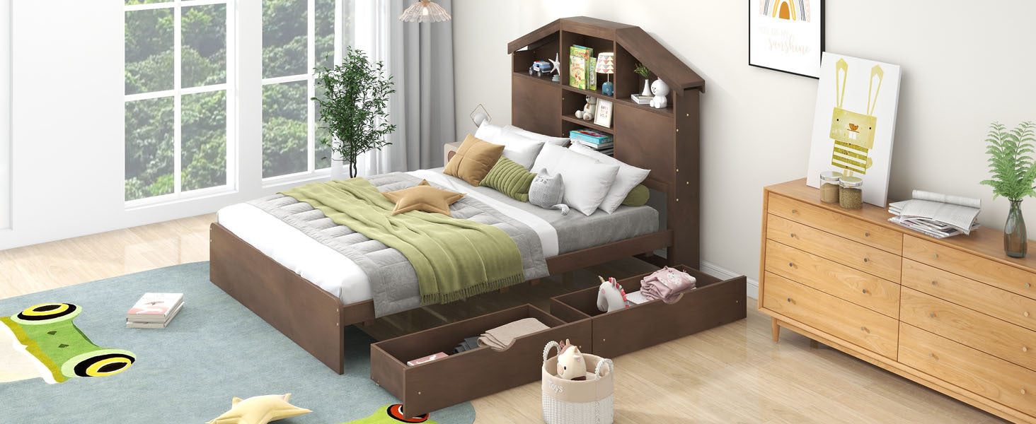 Full Size Wood Platform Bed with House-shaped Storage Headboard and 2 Drawers, Walnut