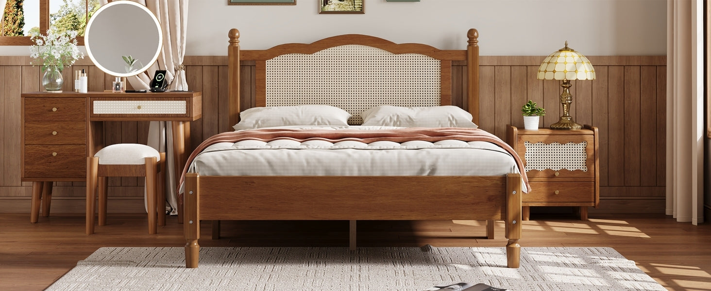 Full Size Wooden Platform Bed with Natural Rattan Headboard, Vintage Bed Frame with Wooden Slat Support, Walnut