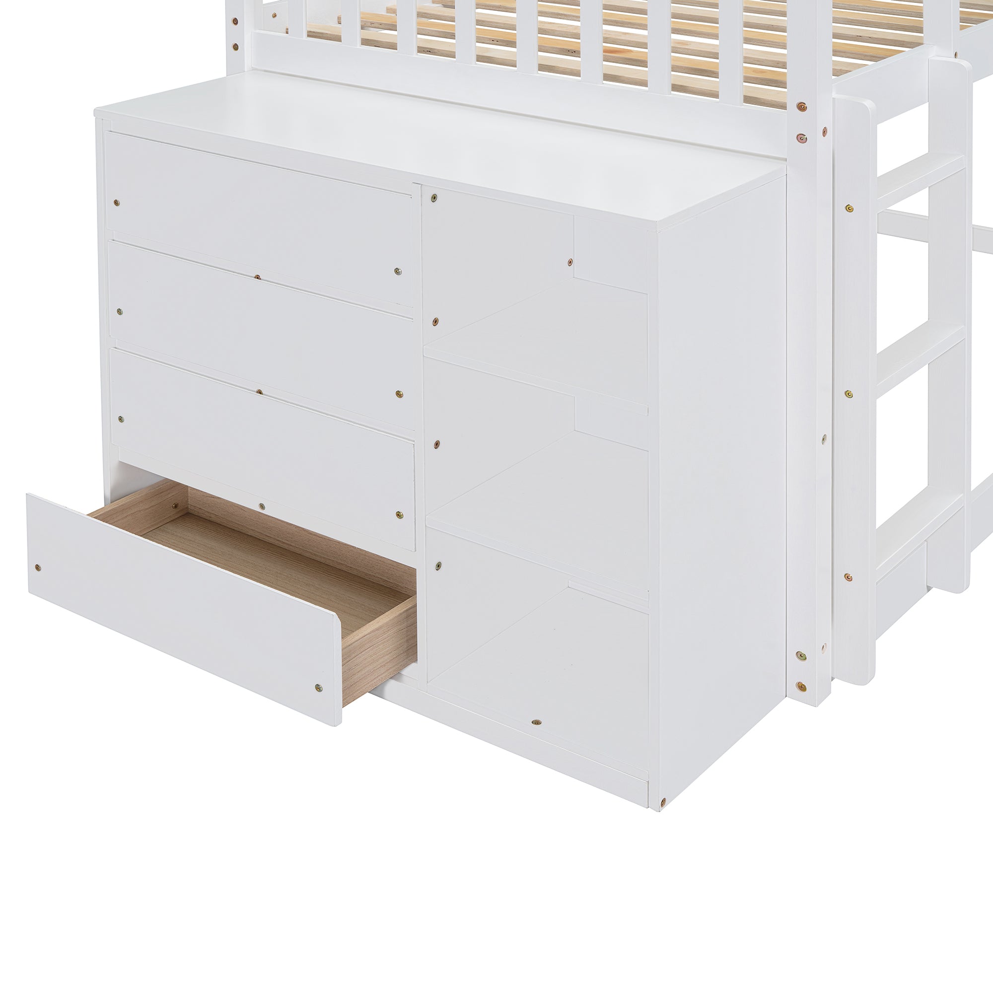 Twin over Twin Bunk Bed with 4 Drawers and 3 Shelves-White