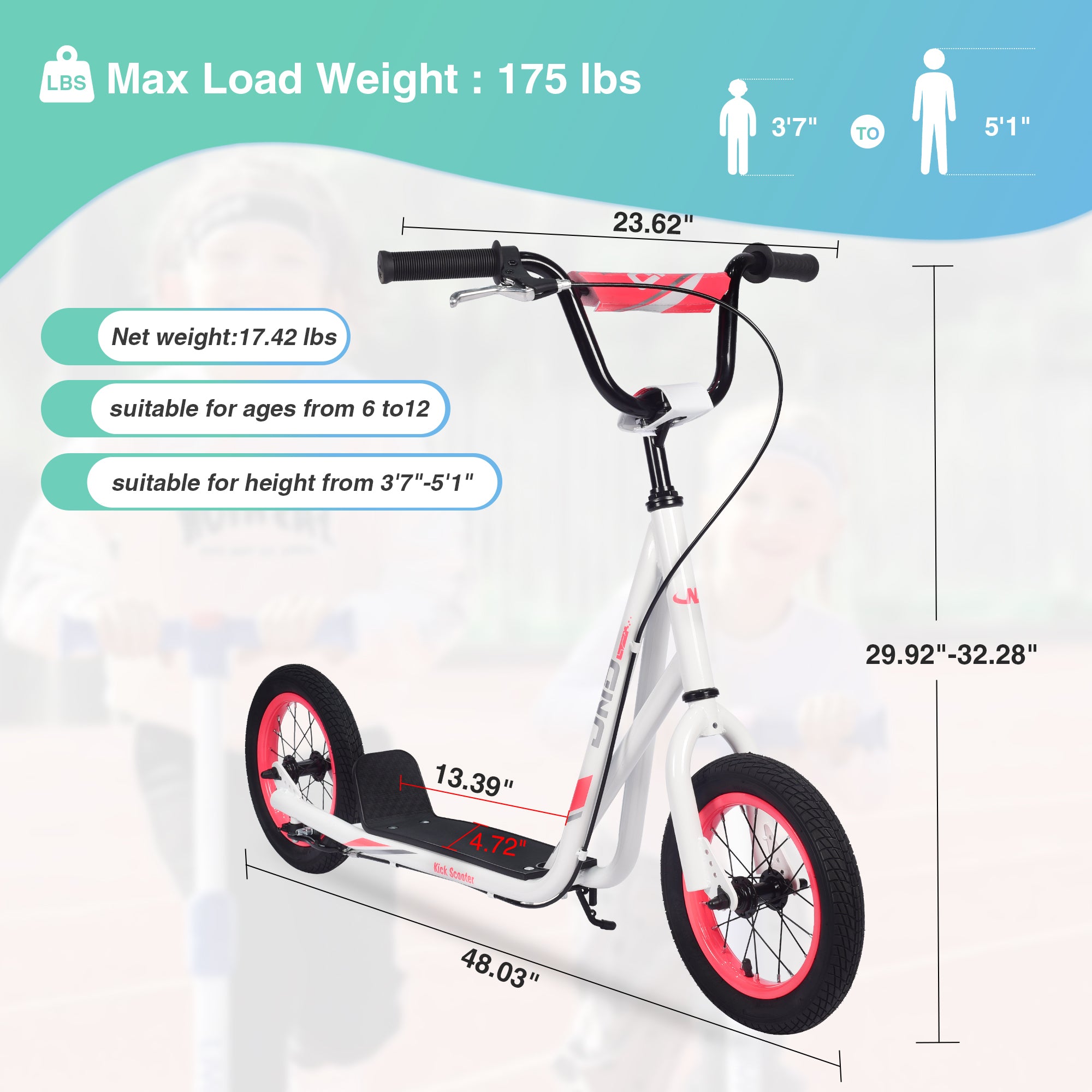 Youth Scooter Kick Scooter for Kids 6+ with Adjustable Handlebar, 12 Inch Inflatable Wheels ,Widened non-slip Footboard