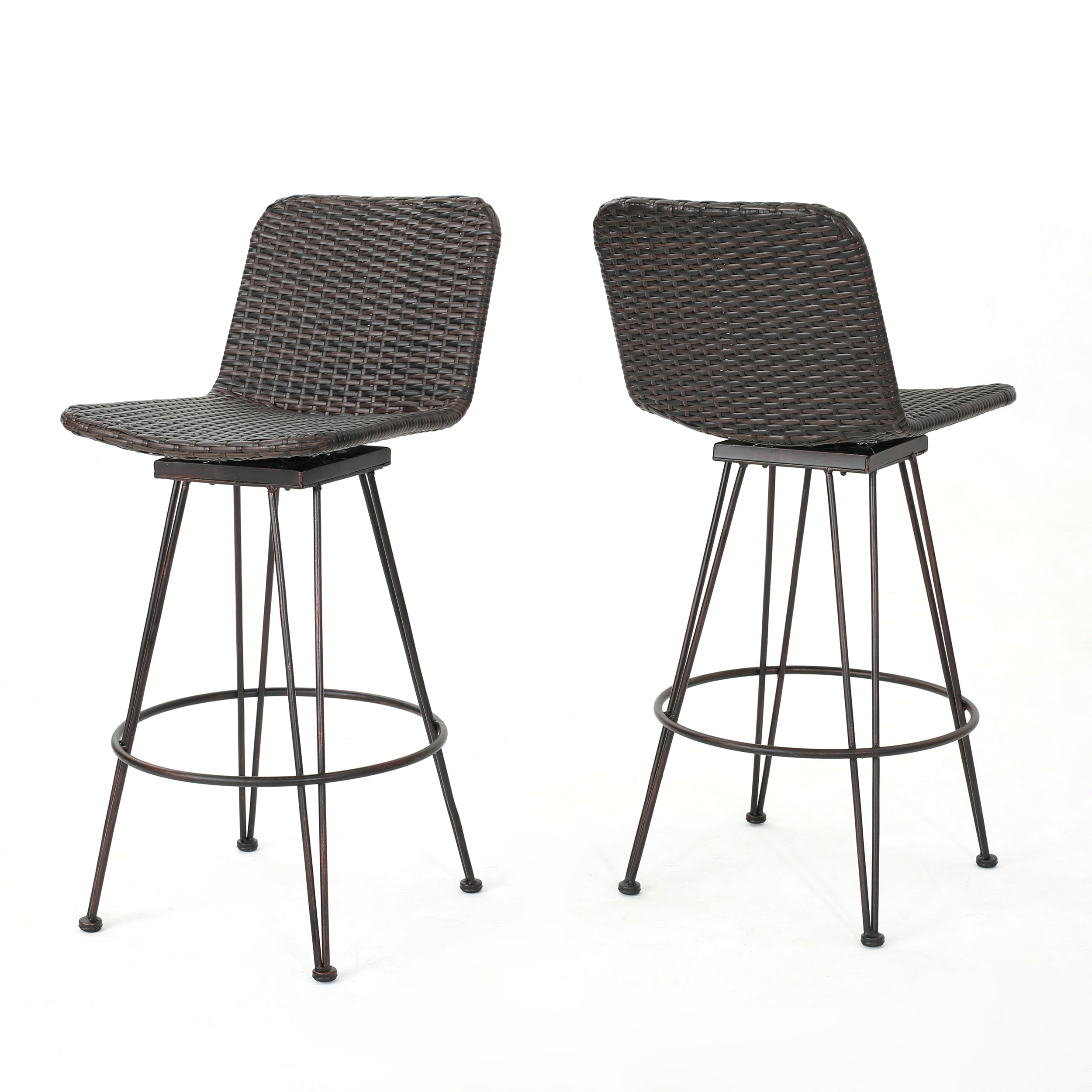 28" Outdoor PE Rattan Barstools with Black Brush Copper Iron Frame, Multibrown (Set of 2)