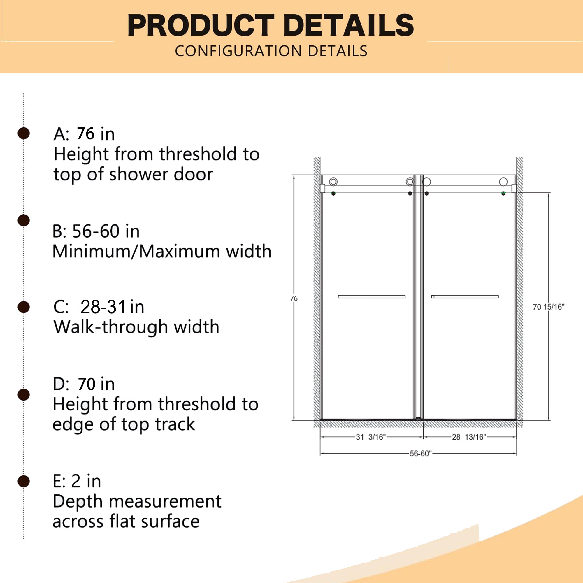 56"-60"W x 76"H Frameless Shower Door, Double Sliding Shower Door, 3/8'' (10mm) Clear Tempered Glass Shower Enclosure with Square Rail,Double Side Easy Clean Coat,Matte Black Finished With Buffer