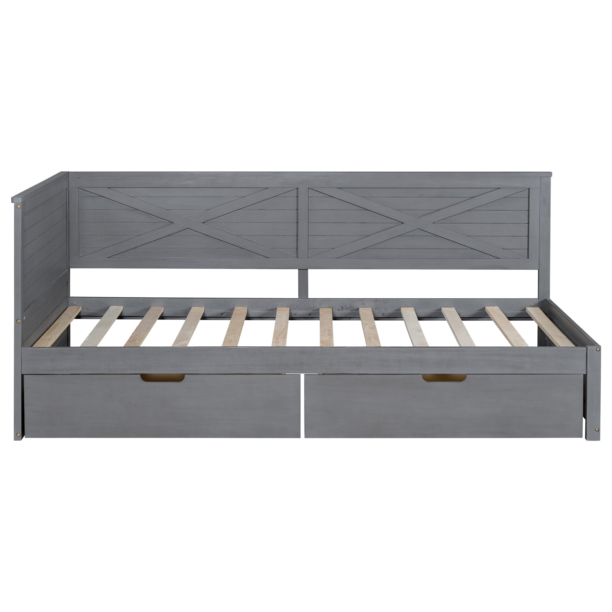 Twin Size Wood Daybed with 2 Drawers and Rustic Guardrail, Ancient Grey