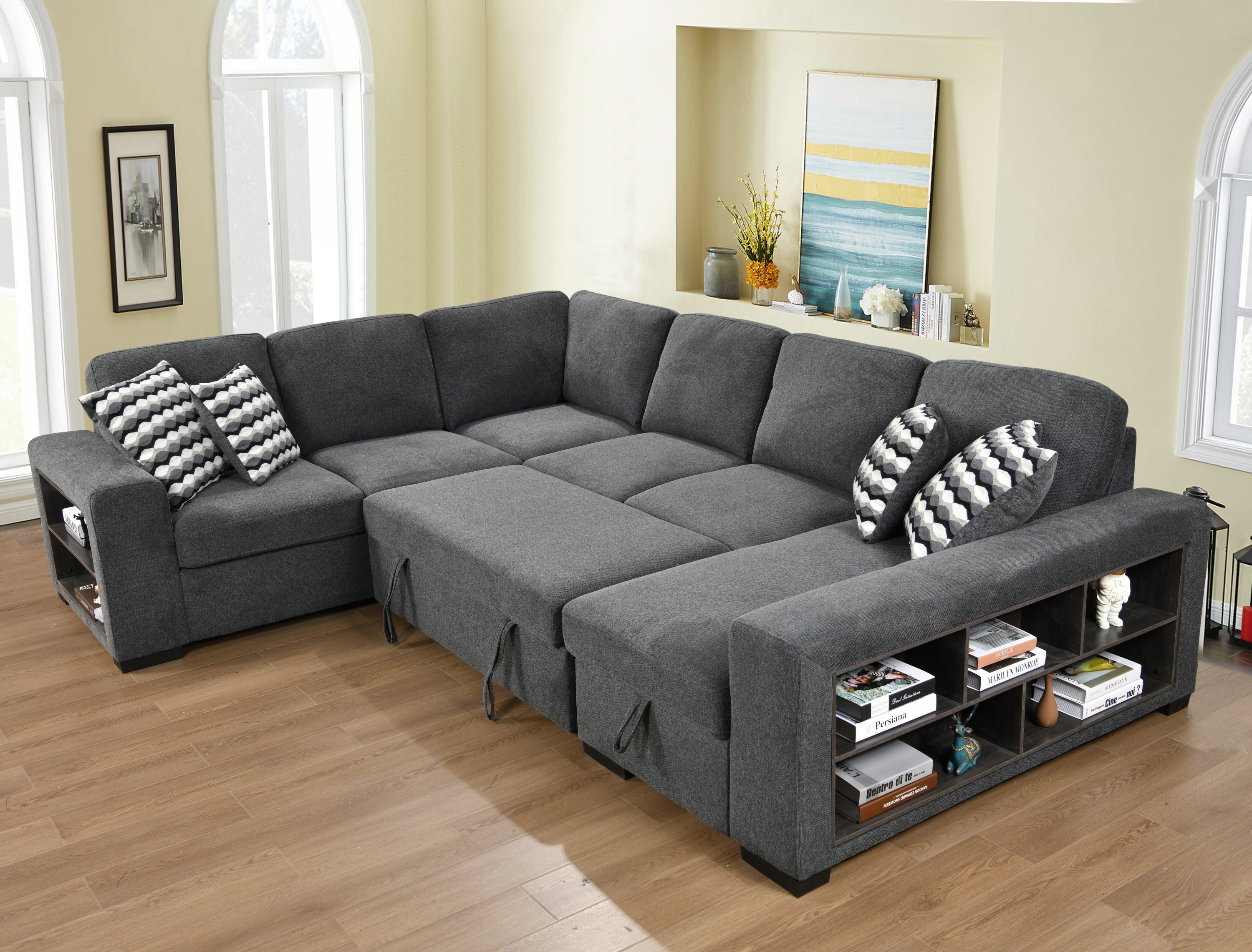 125'' Modern U Shaped 7 Seat Sectional Sofa Couch with Cabinet,Sofa Bed with Storage Chaise-Pull Out Couch Bed for Living Room,Dark Gray