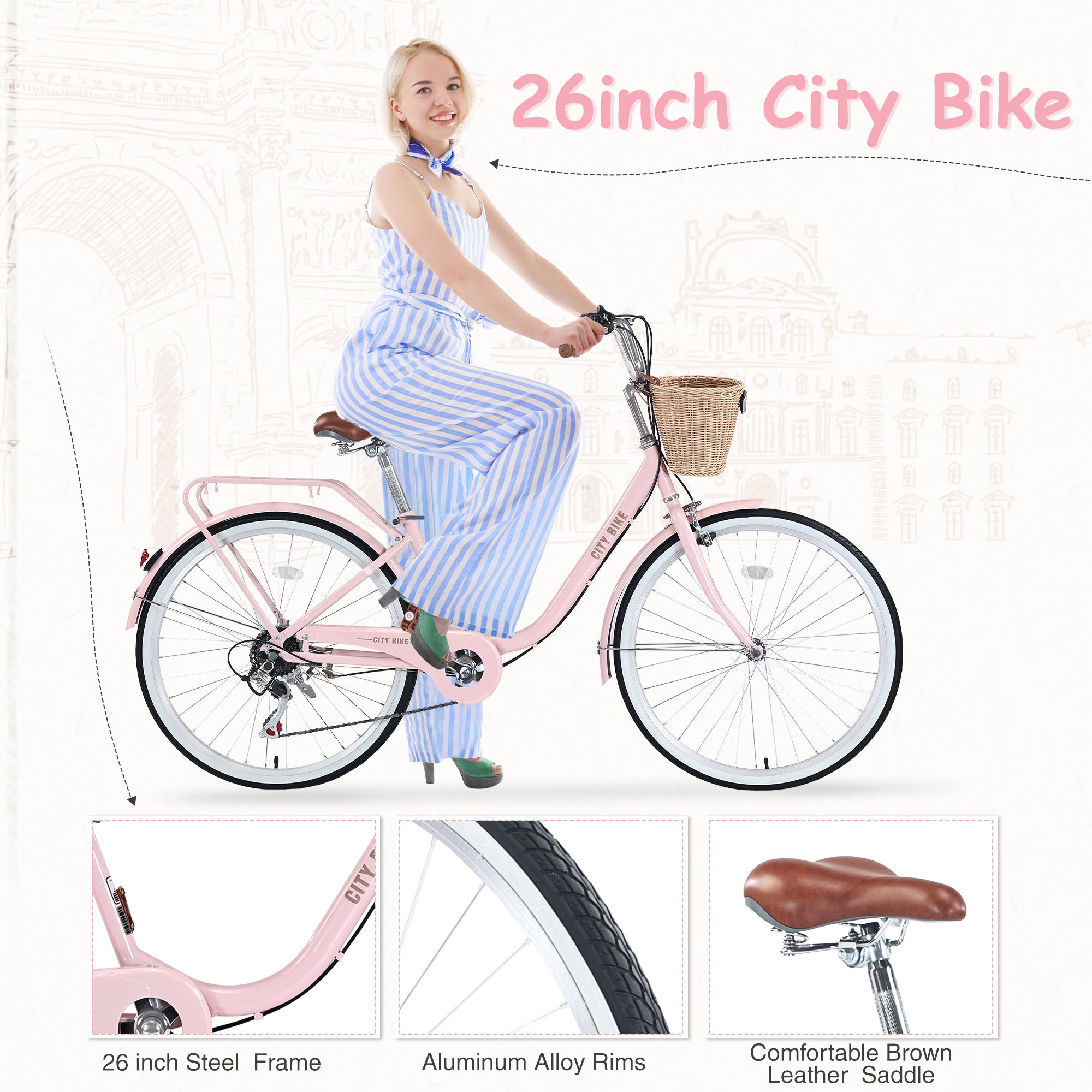 7 Speed City  Bike With  Basket , Steel Frame,Multiple Colors 26 Inch Girls Bicycle