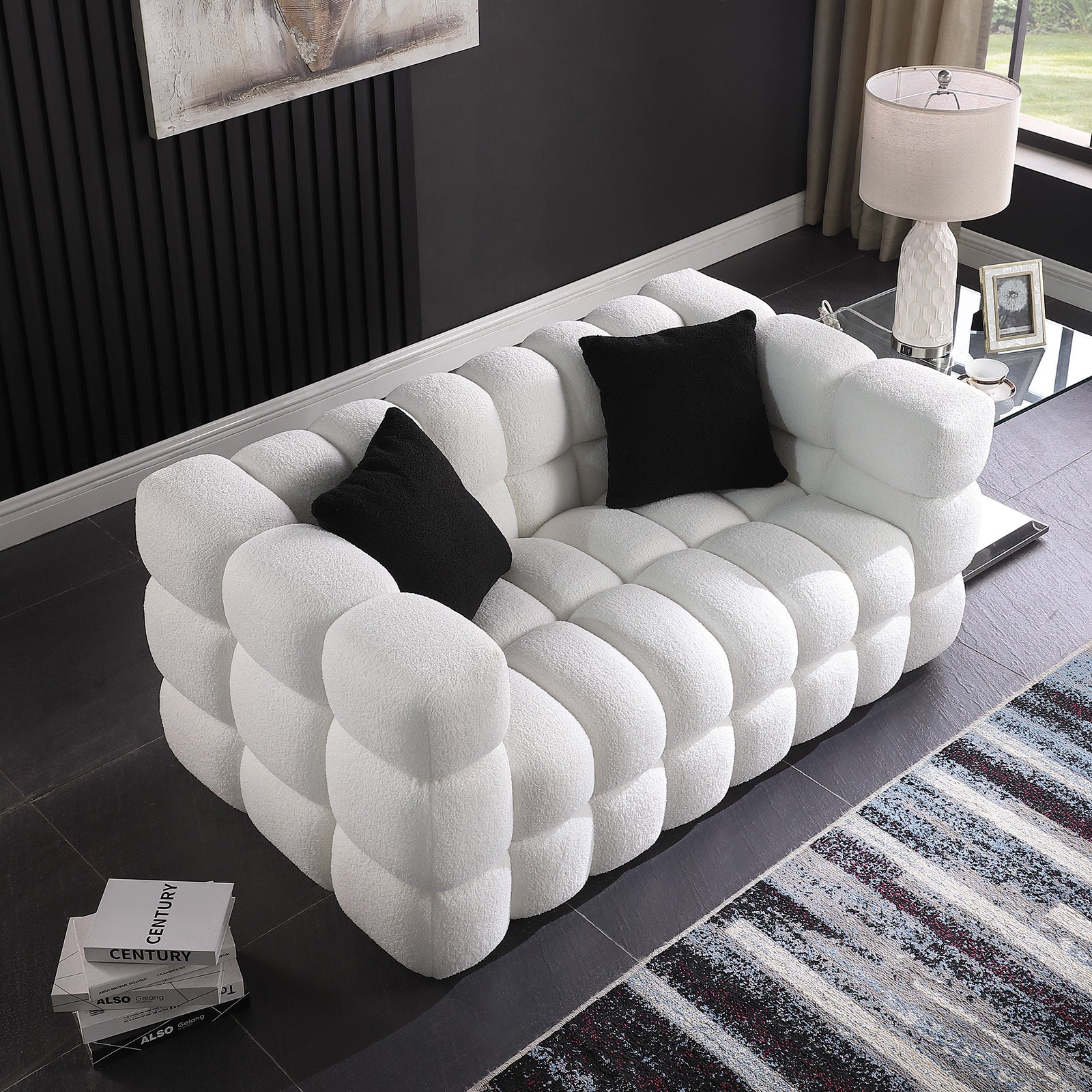 62.2length ,35.83" deepth ,human body structure for USA people,  marshmallow sofa,boucle sofa ,White color, 2  seater