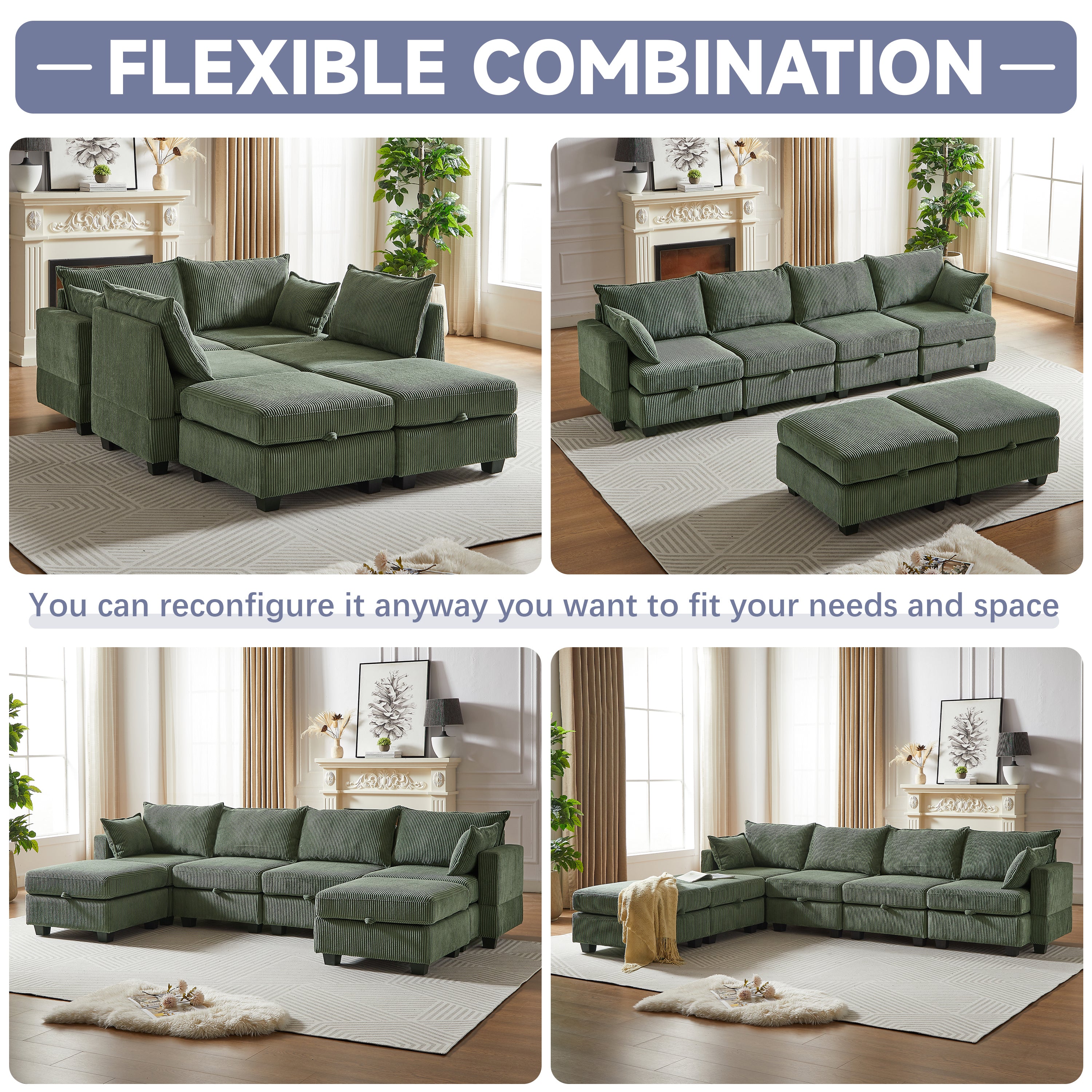 113.5'' Modular Sectiona Corduroy Sofa, Sectional Couches for Living Room U Shaped Sectional Couch with Storage Ottoman, 6 Seats Convertible Sectionals with Chaise