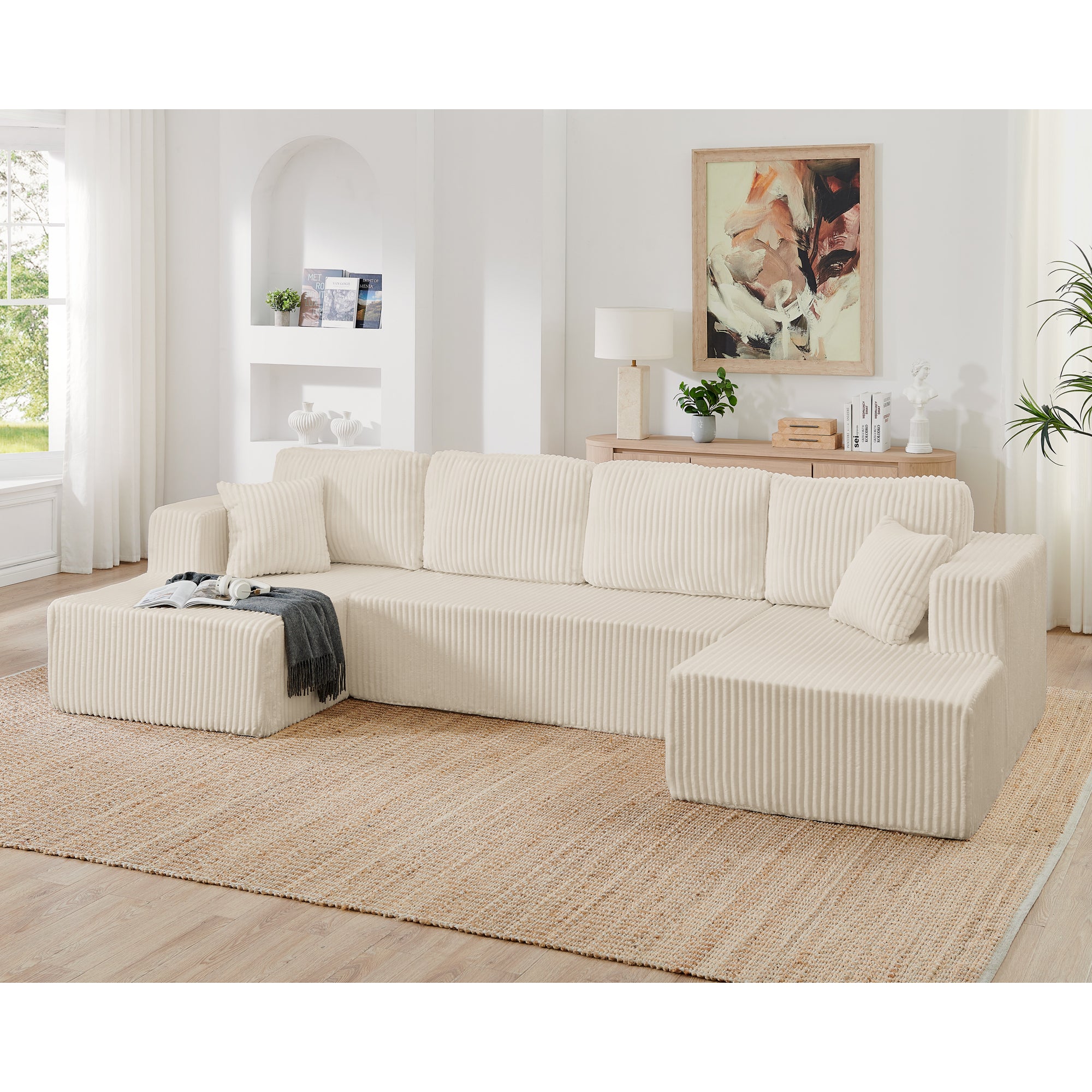 U-shape modular sectional sleeper sofa in beige corduroy, full front view