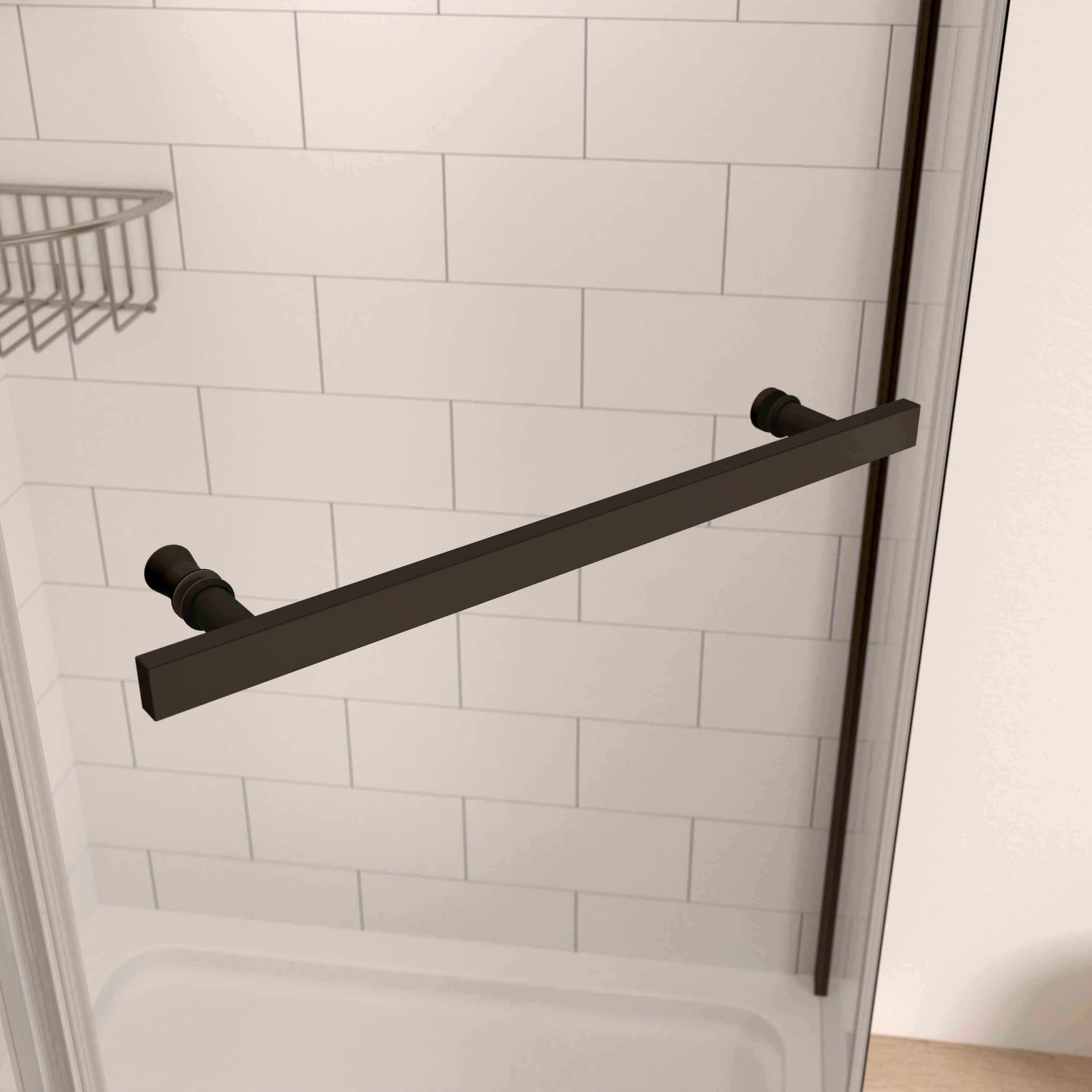 Pivot shower door, with 1/4" tempered glass, 34.75"W x 72"H Frameless Neo-Angle Pivot Shower Enclosure in Matte Black