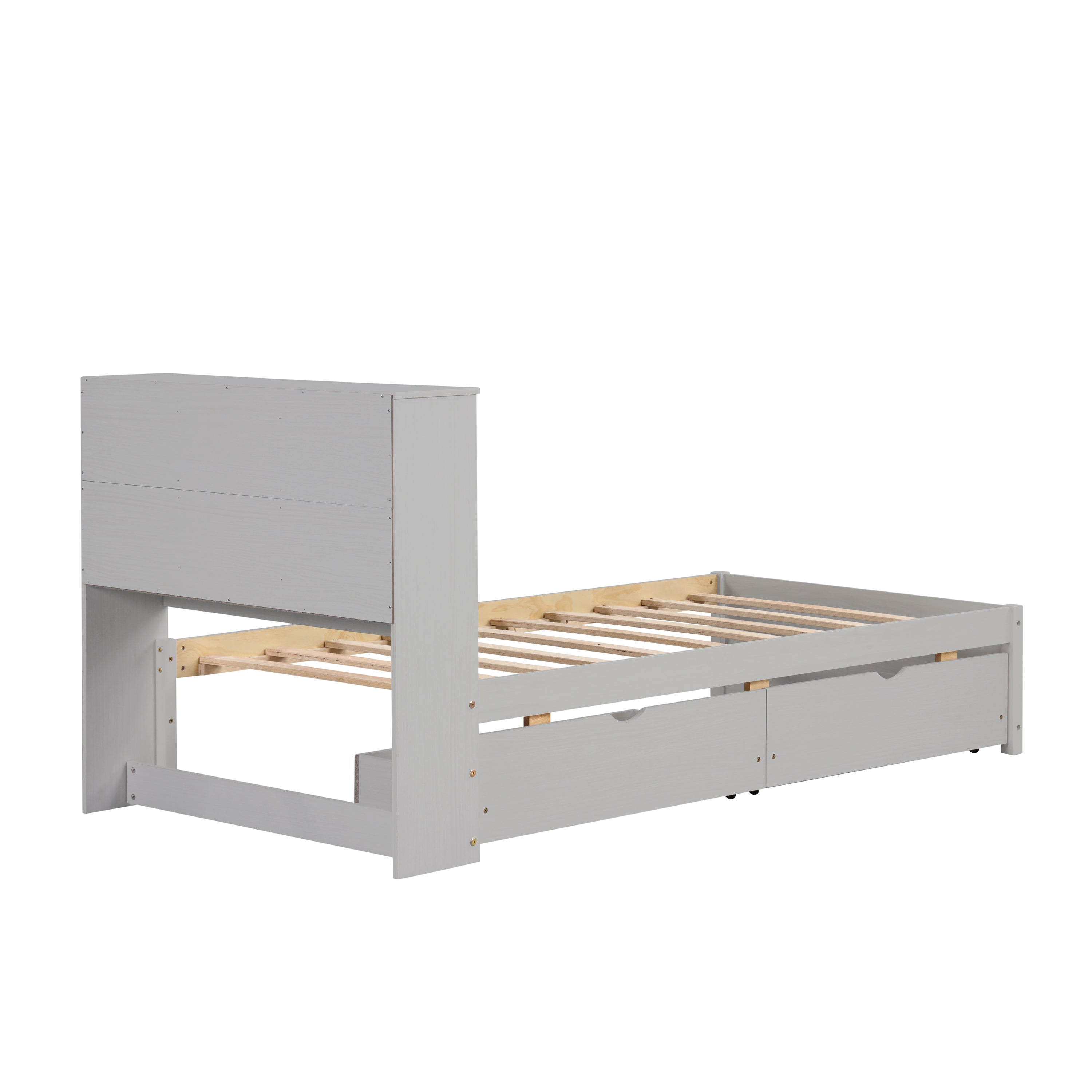 Modern Twin Size Bed Frame With Built-in USB Port on Bookcase Headboard and 2 Drawers for Grey Color