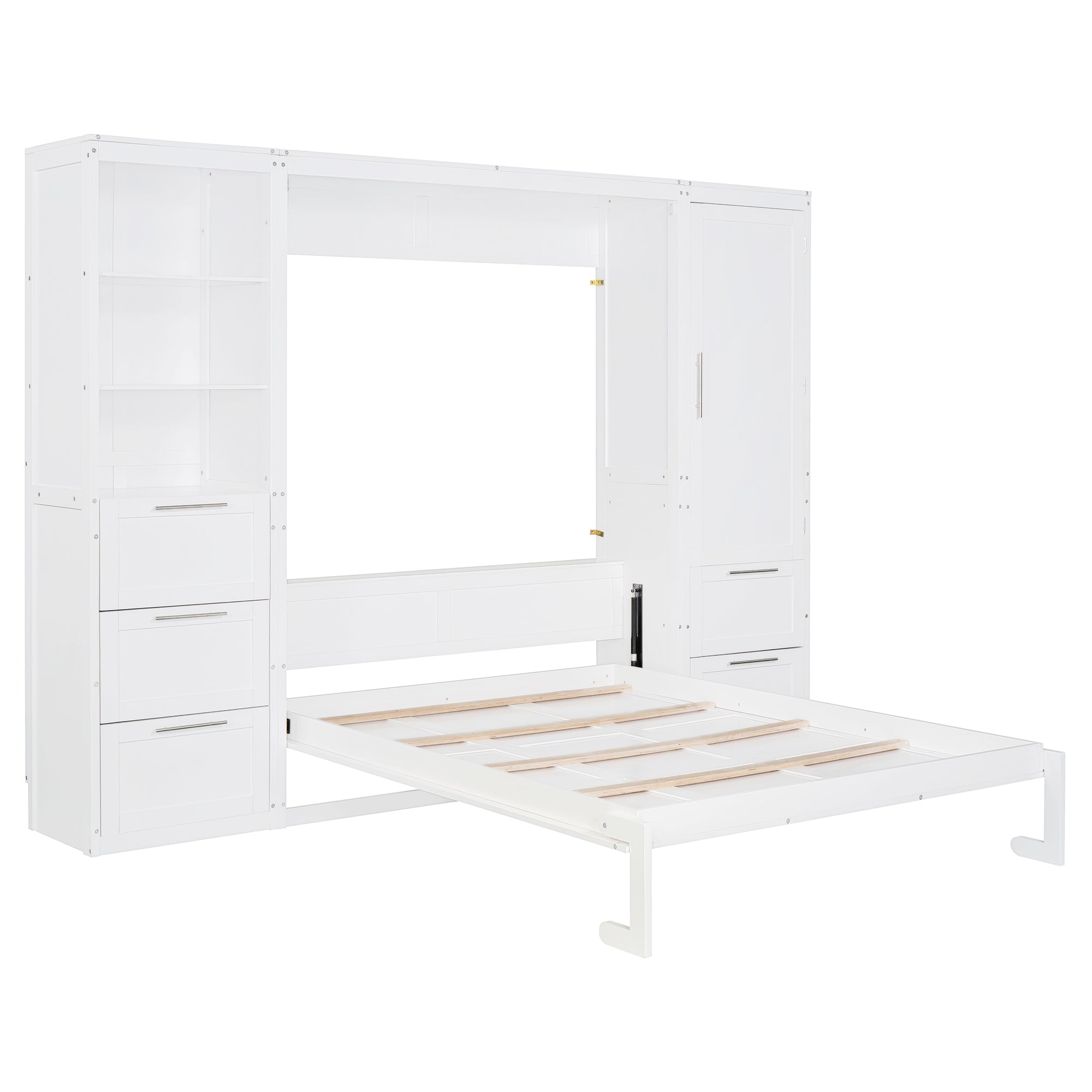 Queen Size Murphy Bed Wall Bed with Closet ,Drawers and Shelves,White