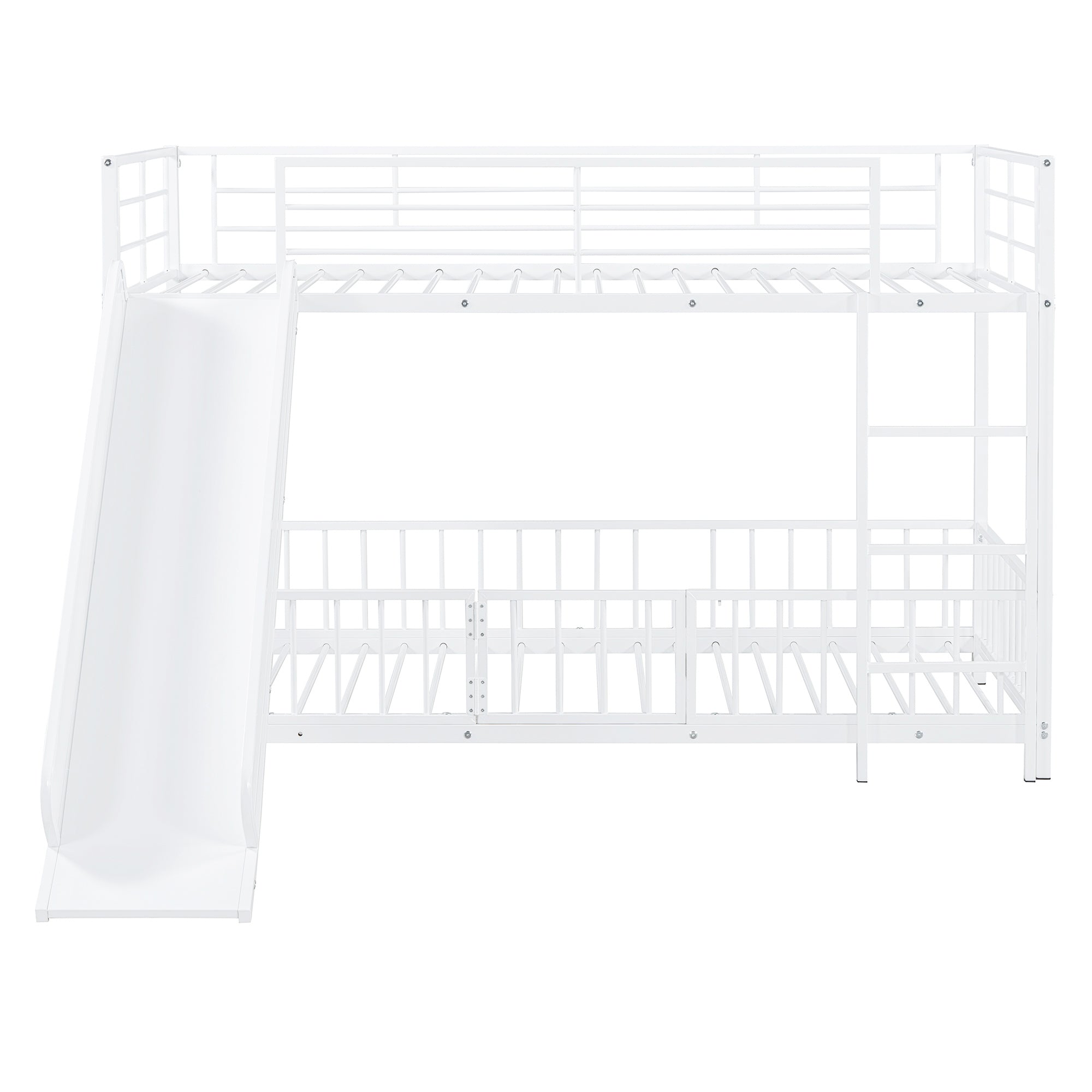 Twin over Twin Size Metal Bunk Bed with Slide and Guardrails, White