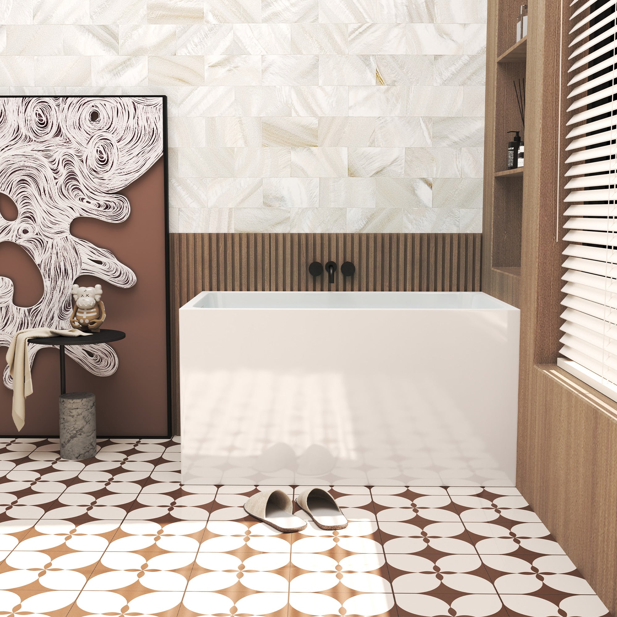 Freestanding rectangular acrylic bathtub gloss white with seat, rear view
