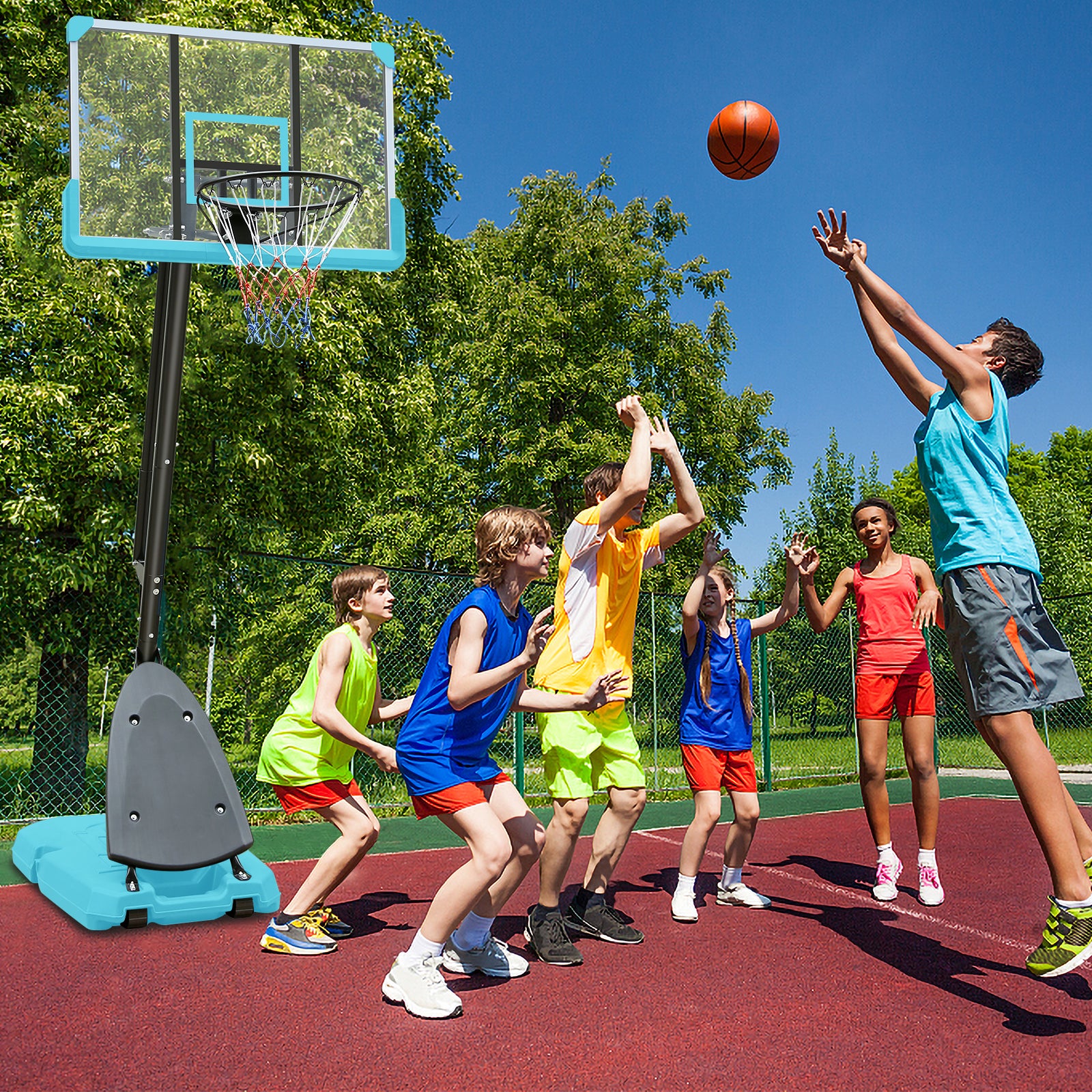 Height Adjustable Basketball Hoop, 7.5 to 10ft Adjustable Basketball Stand with 44 Inch Backboard, Portable Basketball Goal System with Stable Base and Wheels Blue