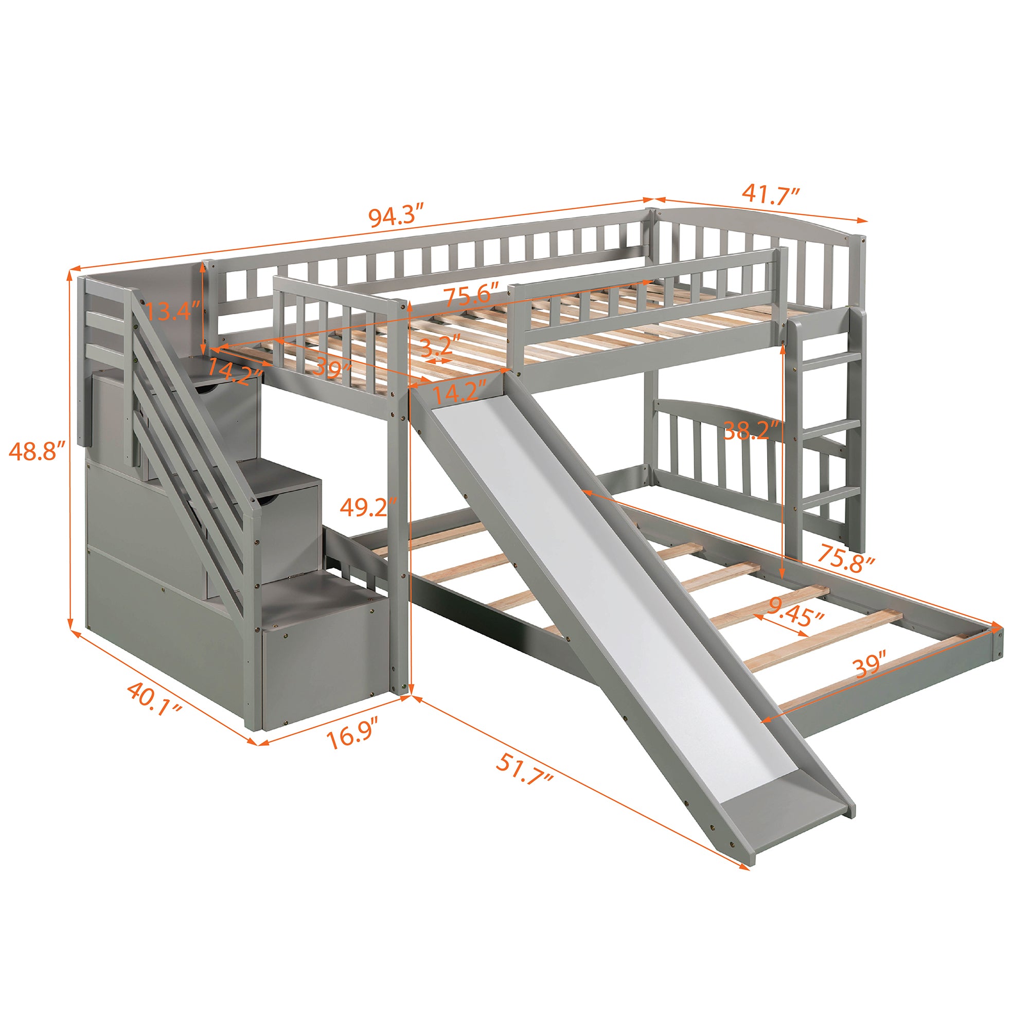 Stairway Twin over Twin Bunk Bed with Two Drawers and Slide, Gray(OLD SKU :LP000156AAE)