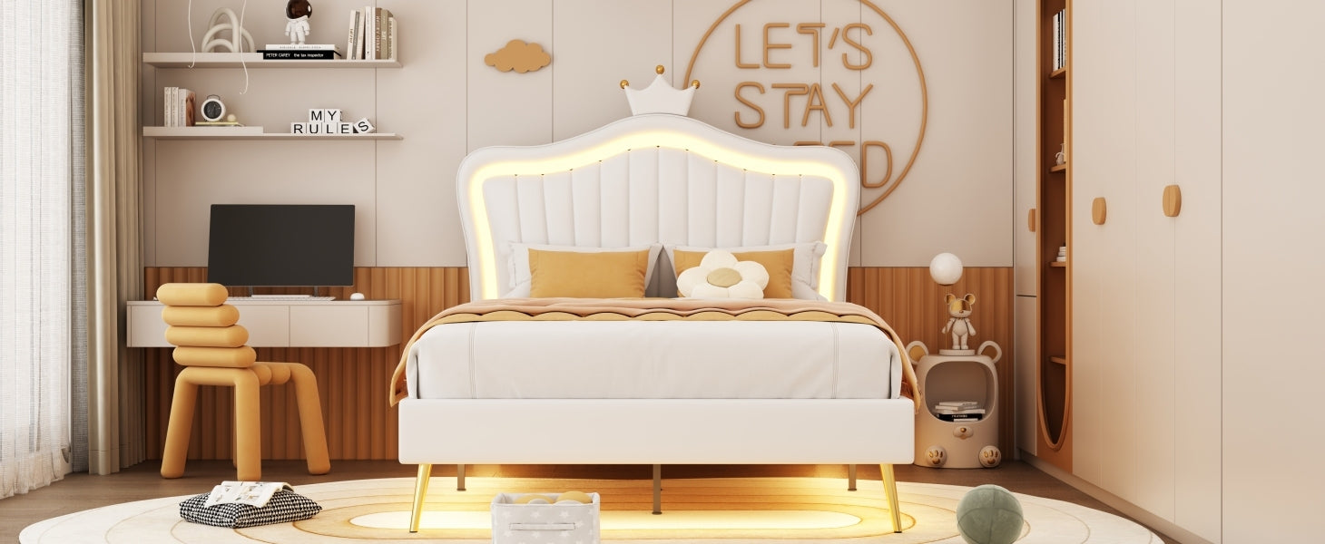 Full Size Upholstered Bed Frame with LED Lights,Modern Upholstered Princess Bed With Crown Headboard,White