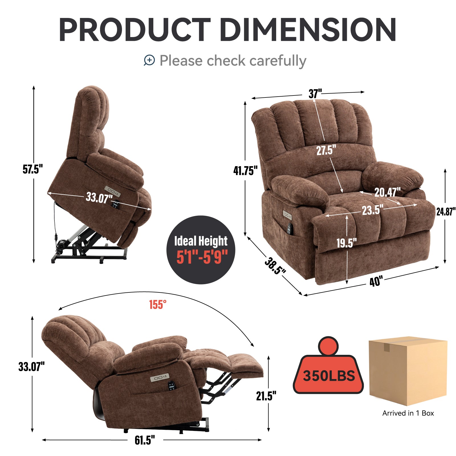 23" Seat Width and High Back Large Size Chenille Power Lift Recliner Chair with 8-Point Vibration Massage and Lumbar Heating, Brown