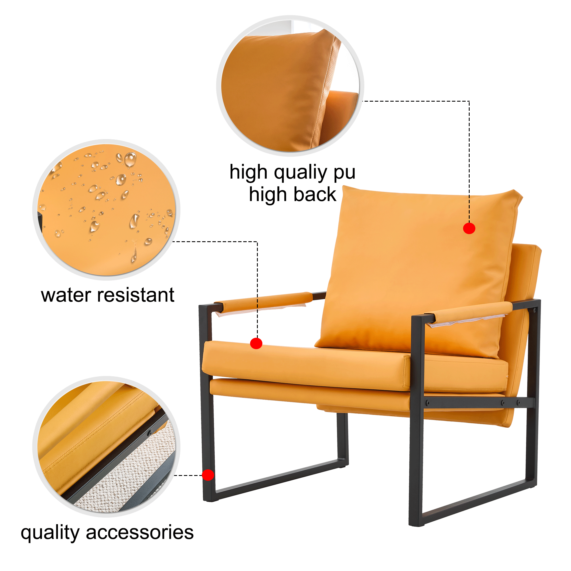 PU Leather Accent Arm Chair Mid Century Upholstered Armchair with Metal Frame Extra-Thick Padded Backrest and Seat Cushion Sofa Chairs for Living Room ( orange PU Leather + Metal Frame + Foam)SF-008