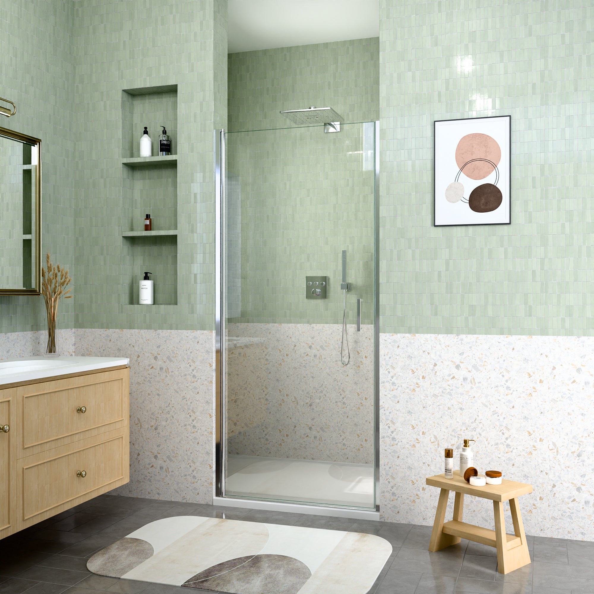 Semi-frameless chrome pivot shower door installed in compact bathroom