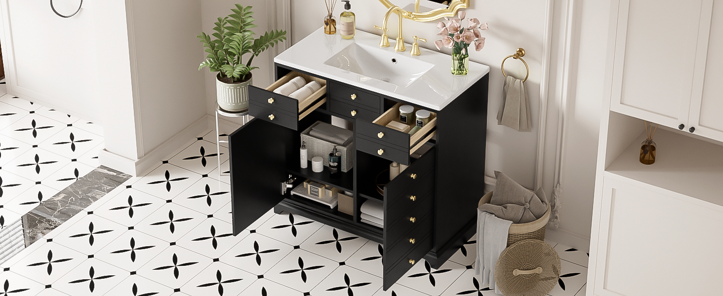 36'' Bathroom Vanity with Ceramic Sink Combo, Solid Wood Frame Bathroom Storage Cabinet, Freestanding Vanity Set with 2 Drawers& Soft Closing Doors, Black