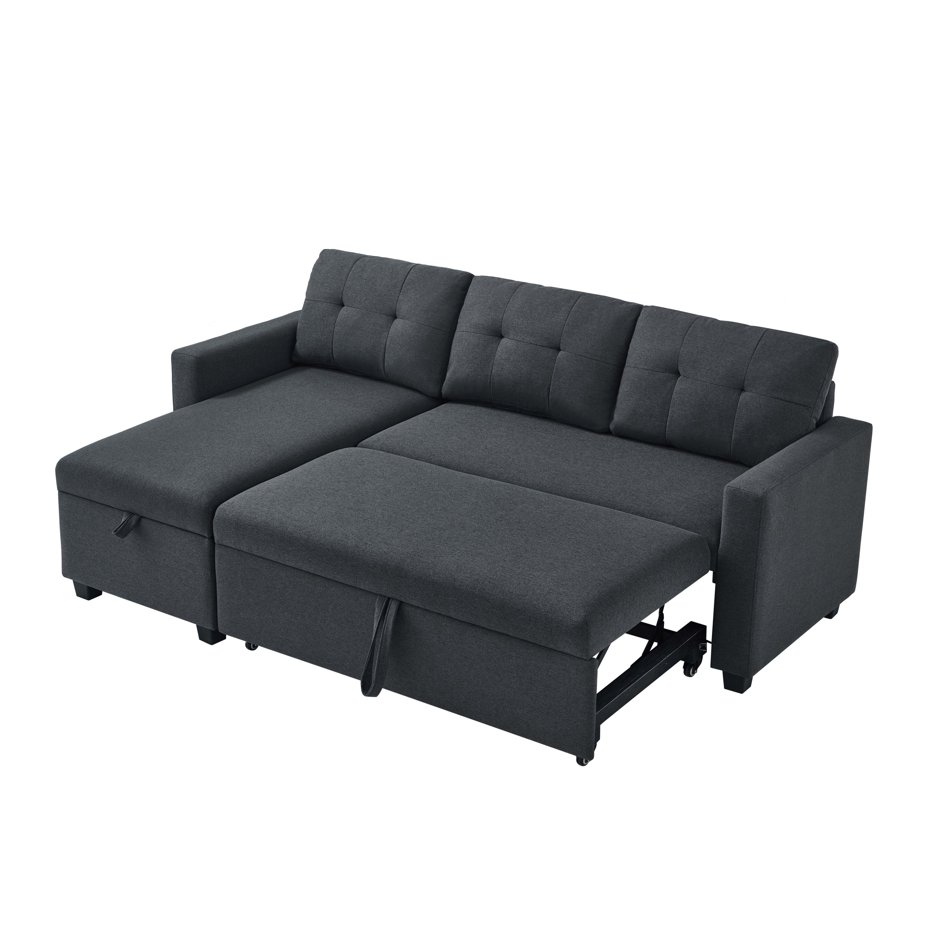 Upholstered Pull Out Sectional Sofa with Storage Chaise, Convertible Corner Couch, Dark Grey