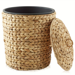 Bathroom Trash Can with Lid, Small Woven Hyacinth Wicker Waste Basket