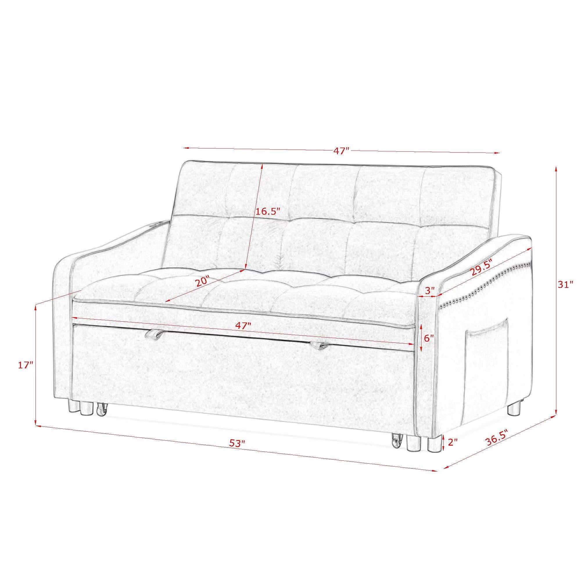 Loveseats Sofa Bed with Pull-out Bed,Adjsutable Back and Two Arm Pocket,TypeC and USB Charging with Copper nail,Black (47"x53"x31")