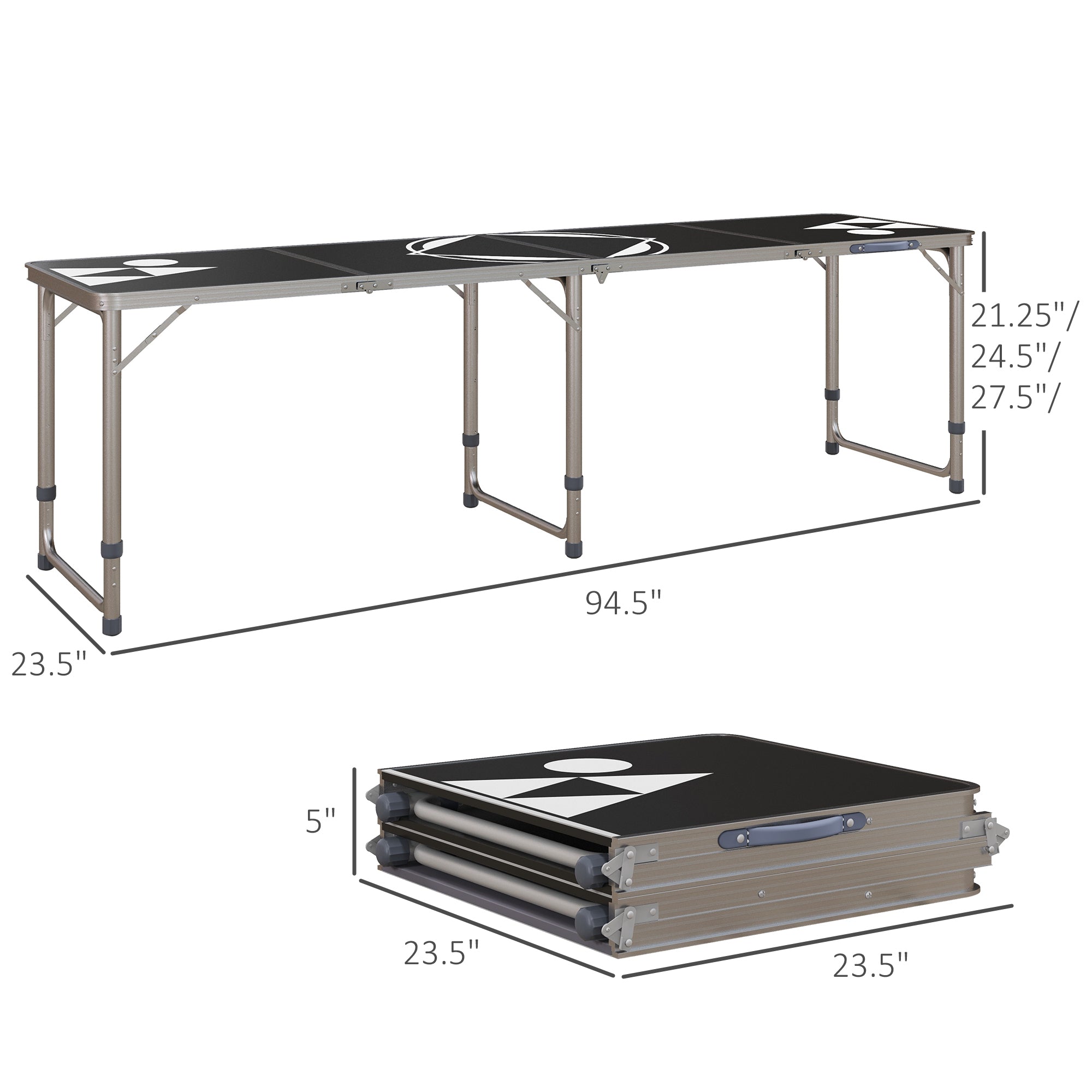 Outsunny 8ft Portable Beer Pong Table with Adjustable Legs, Folding Camping Table, Aluminum Picnic Table, for Party, Travel, BBQ, Beach, Black and White