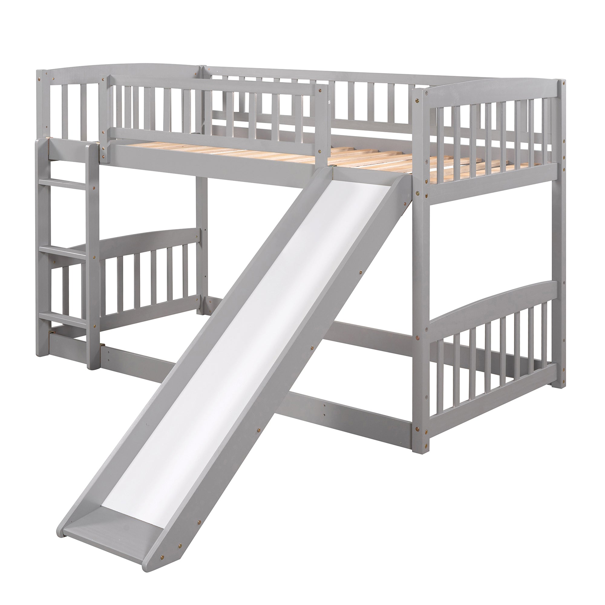 Bunk Bed with Slide,Twin Over Twin Low Bunk Bed with Fence and Ladder for  Kids Teens Grey