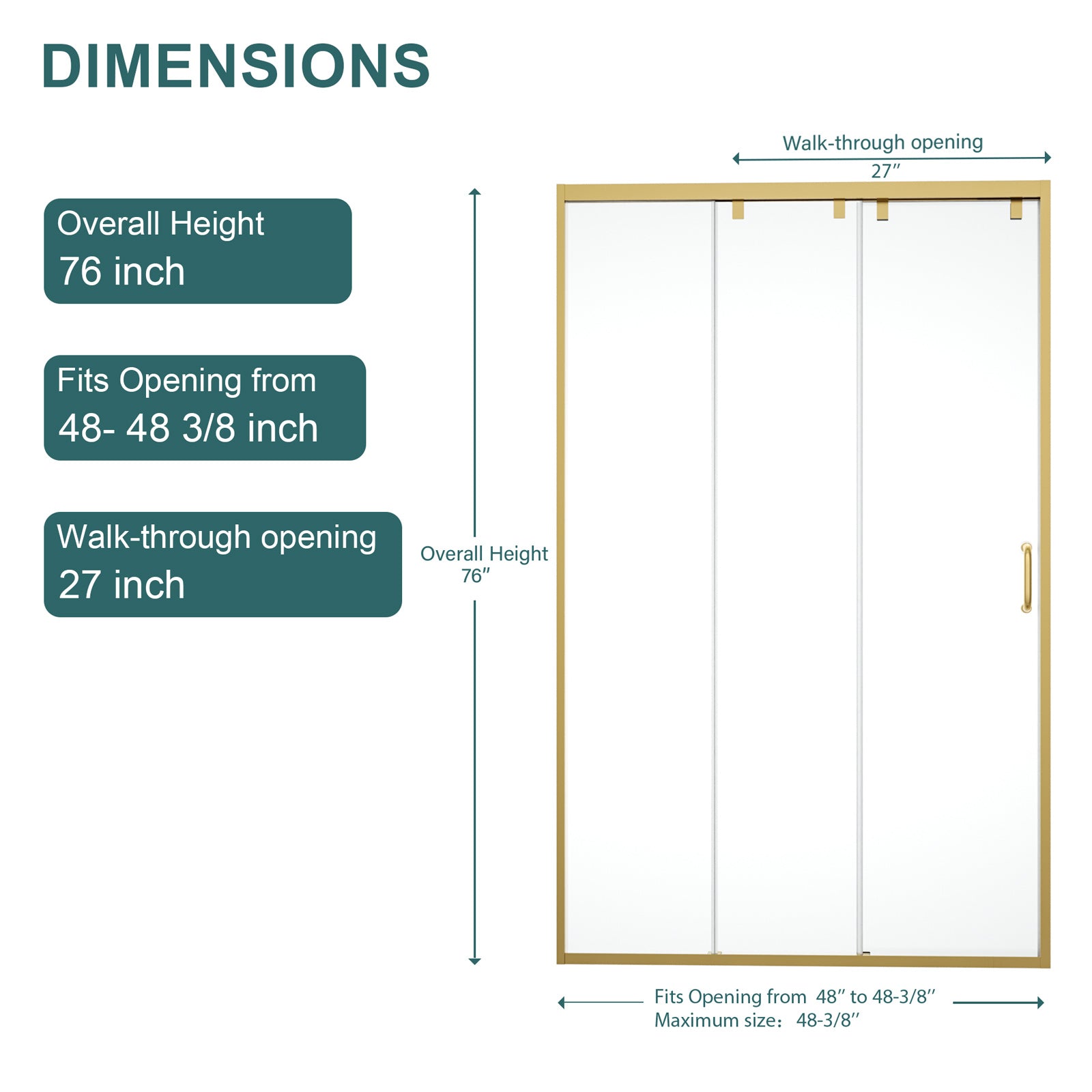 48 by 76 inch bypass shower door 8mm clear tempered glass gold frame view