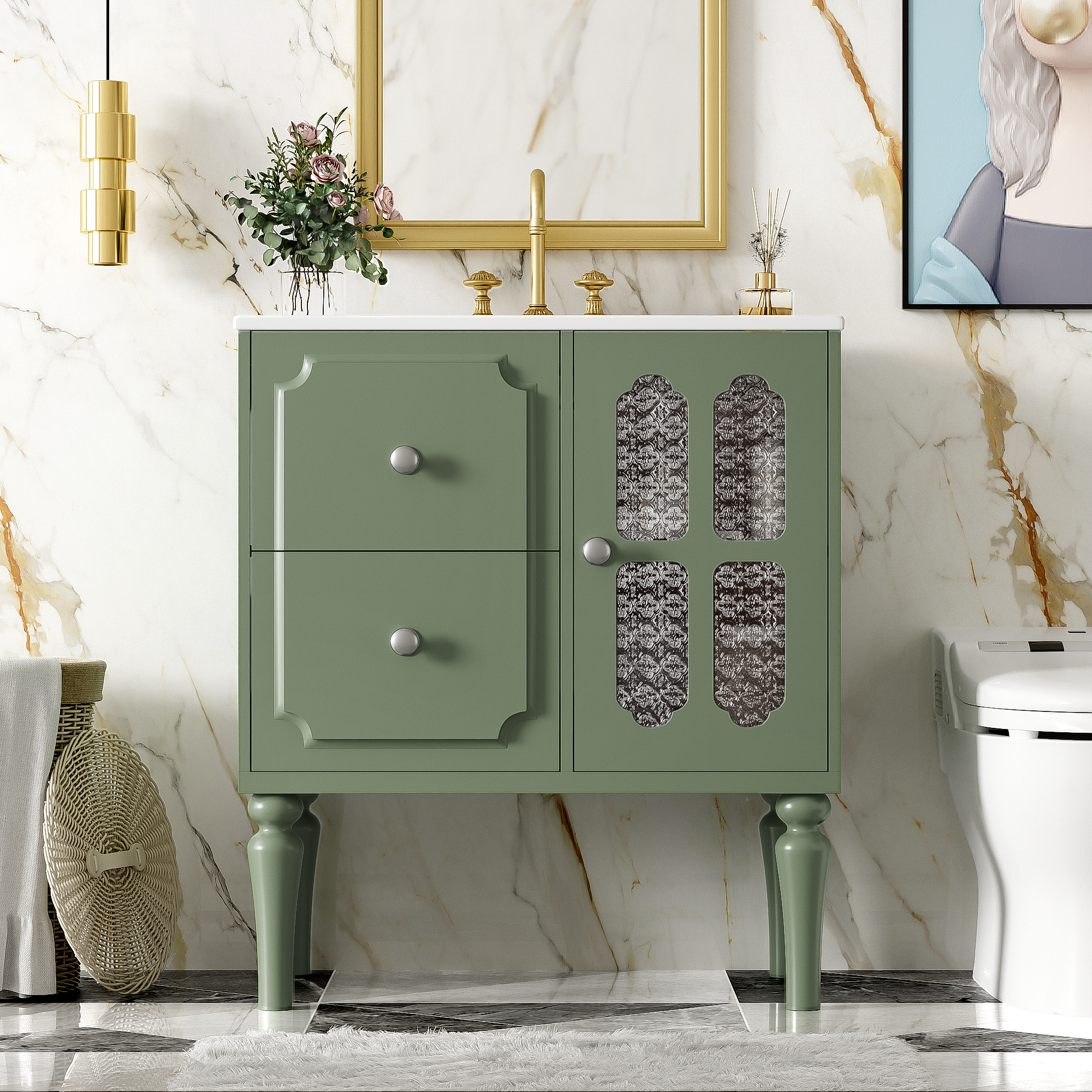 Retro Style 30'' Bathroom Vanity with Ceramic Sink Combo, Freestanding Single Vanity with 2 Drawers, Solid Wood Frame Bathroom Storage Cabinet, Green