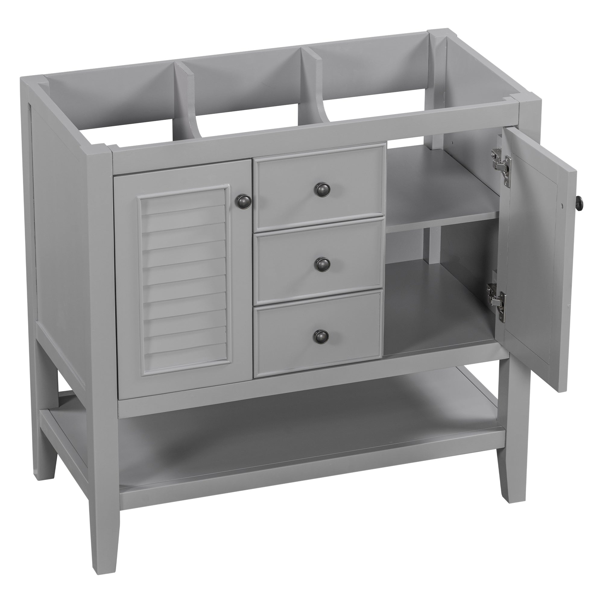 36" Bathroom Vanity without Sink, Cabinet Base Only, Two Cabinets and Drawers, Open Shelf, Solid Wood Frame, Grey