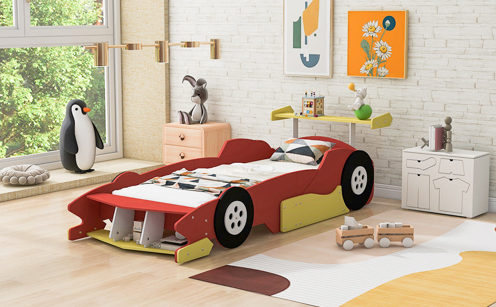 Twin Size Race Car-Shaped Platform Bed with Wheels,Red