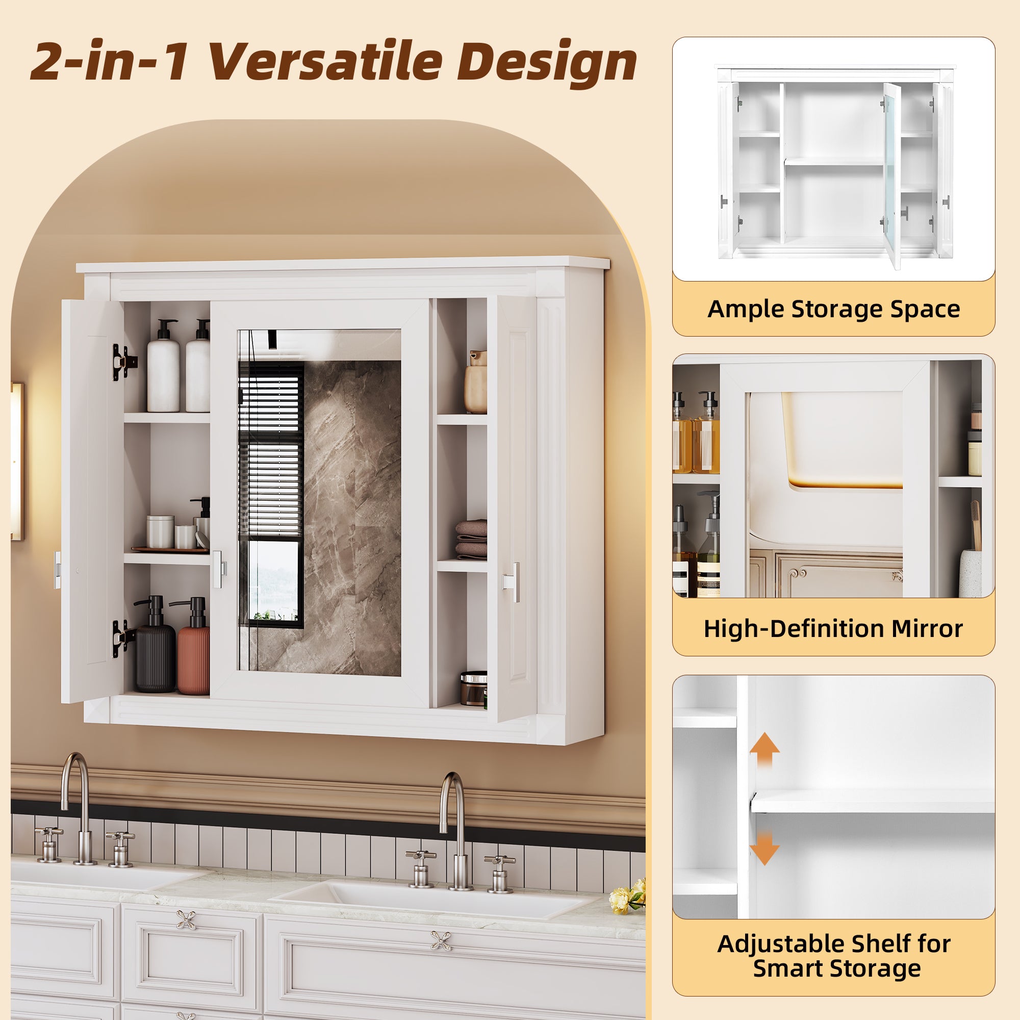 White bathroom medicine cabinet with mirror, side profile view