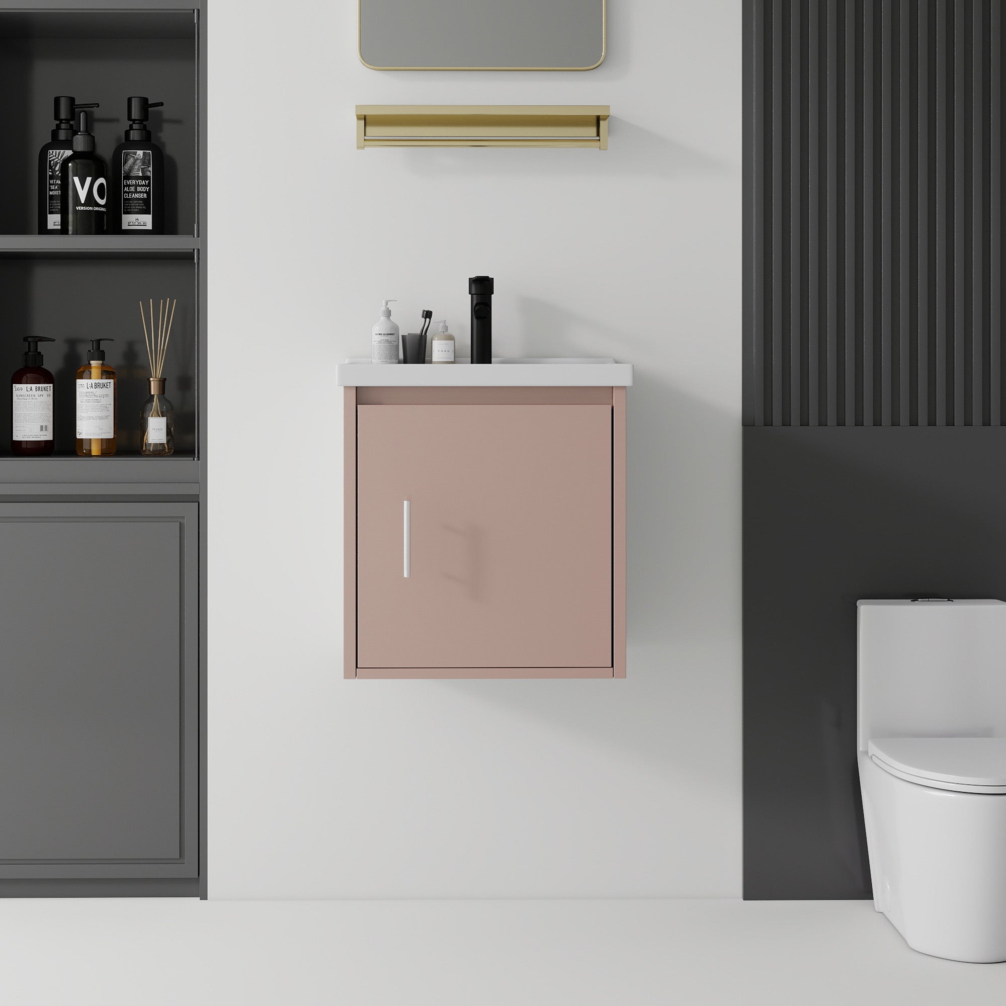 20 inch pink floating bathroom vanity with ceramic sink, front view