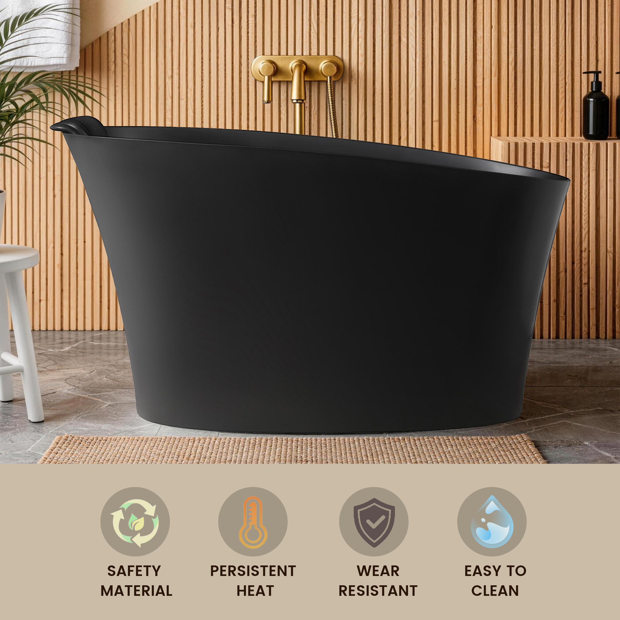 Oval solid surface freestanding bathtub in black, top-down view